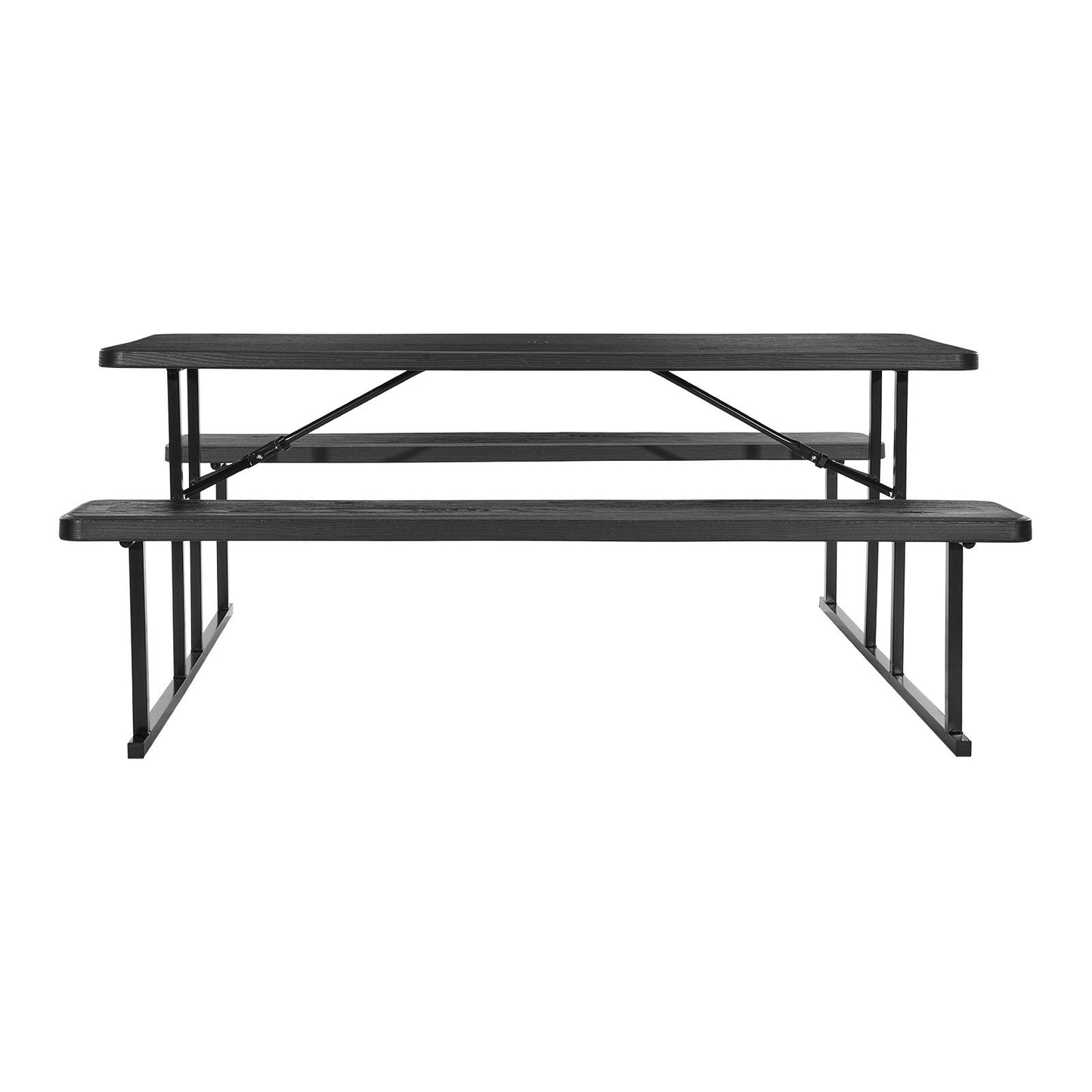 Foldable Picnic Table, 6 FT Folding Picnic Tables with Benches, Steel Outdoor Bench Set with Umbrella Hole, Large Outside Dining Table for Patio Garden Yard Poolside (Black)
