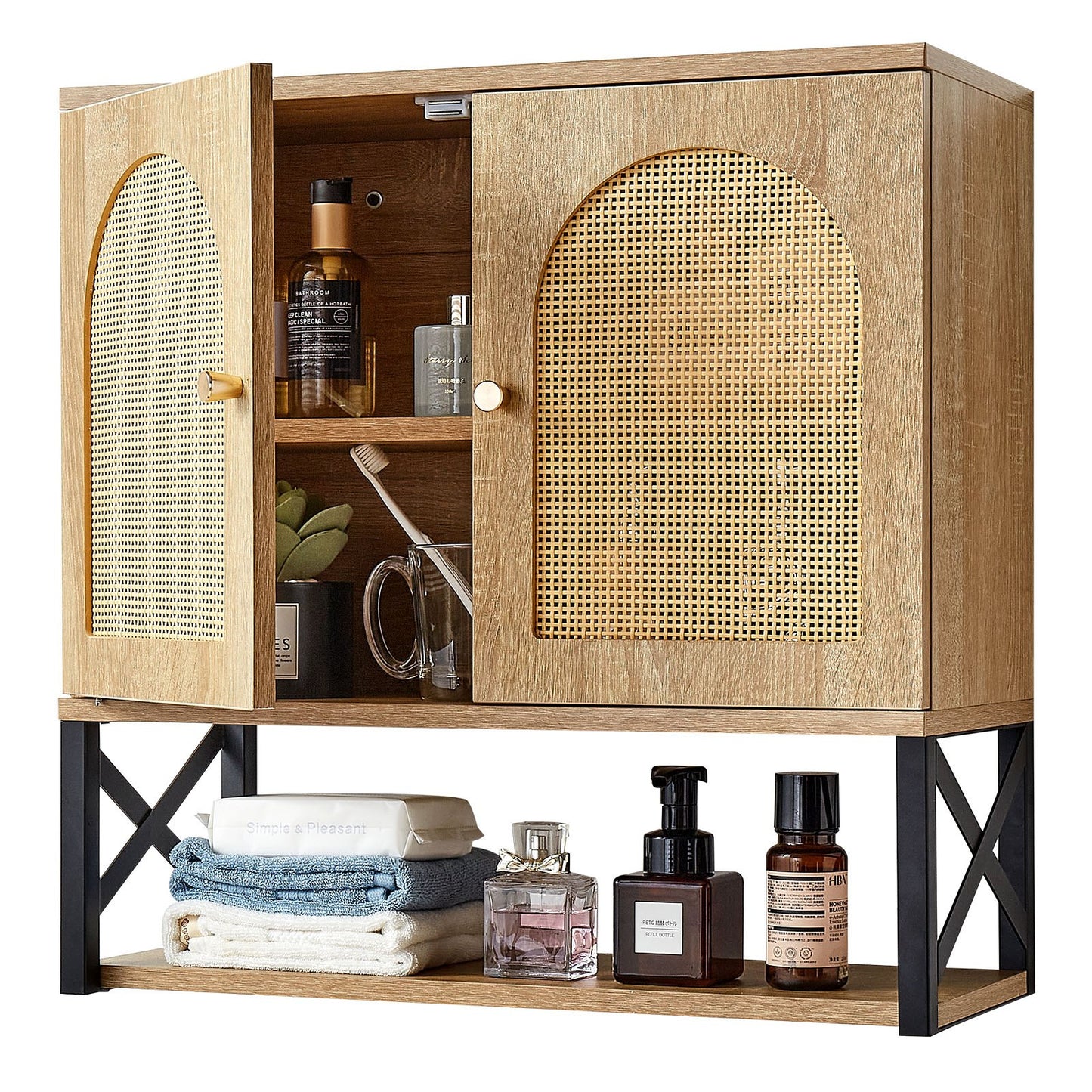 Badezimmer-Wandschrank mit 2 Türen und verstellbarem Einlegeboden, Wandmontierter Medizinschrank über der Toilette, Hängeorganizer mit Regalen und offener Trennwand für Waschküche, Küche und WC