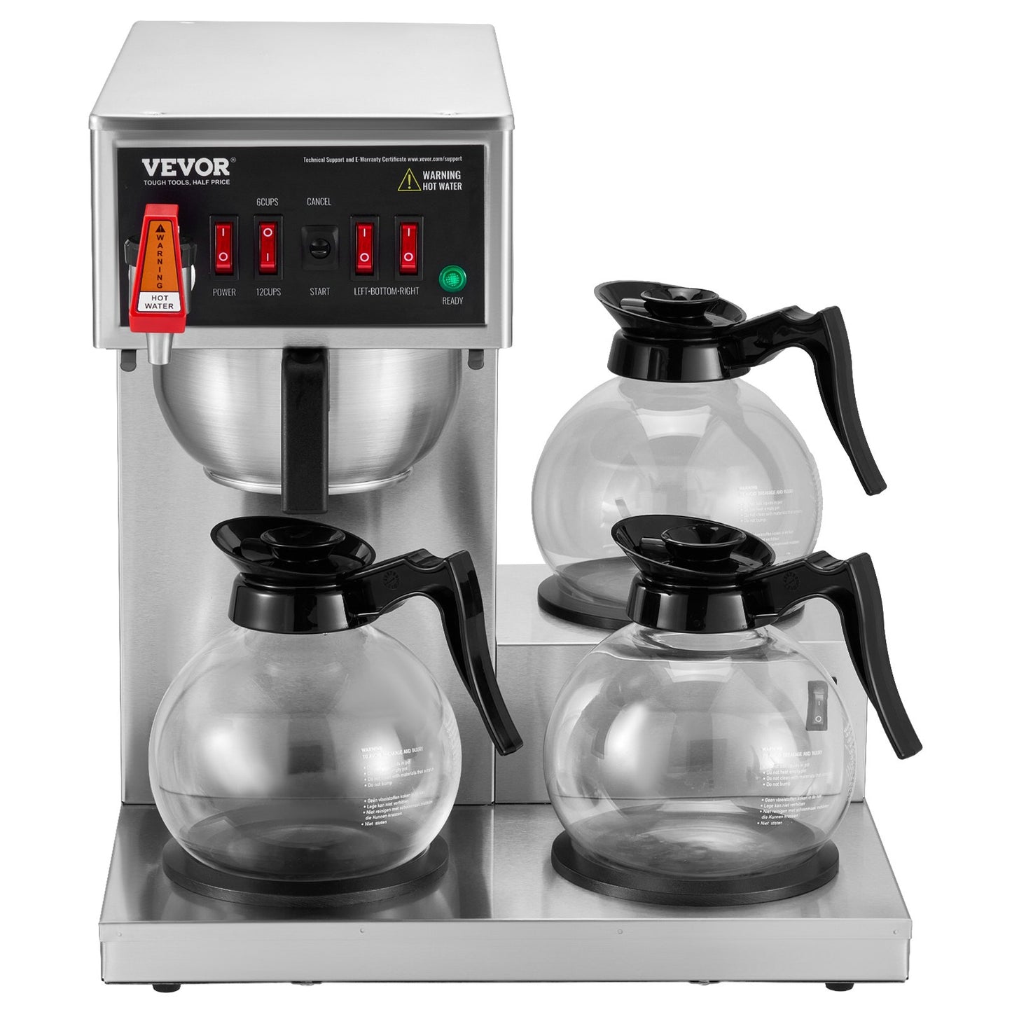 12 Cups Commercial Drip Coffee Maker, Coffee Maker Machine with 3 Glass Carafes and 3 Warmer Plates, Stainless Steel Pour Over Coffee Brewer for Restaurant, Office, Cafe