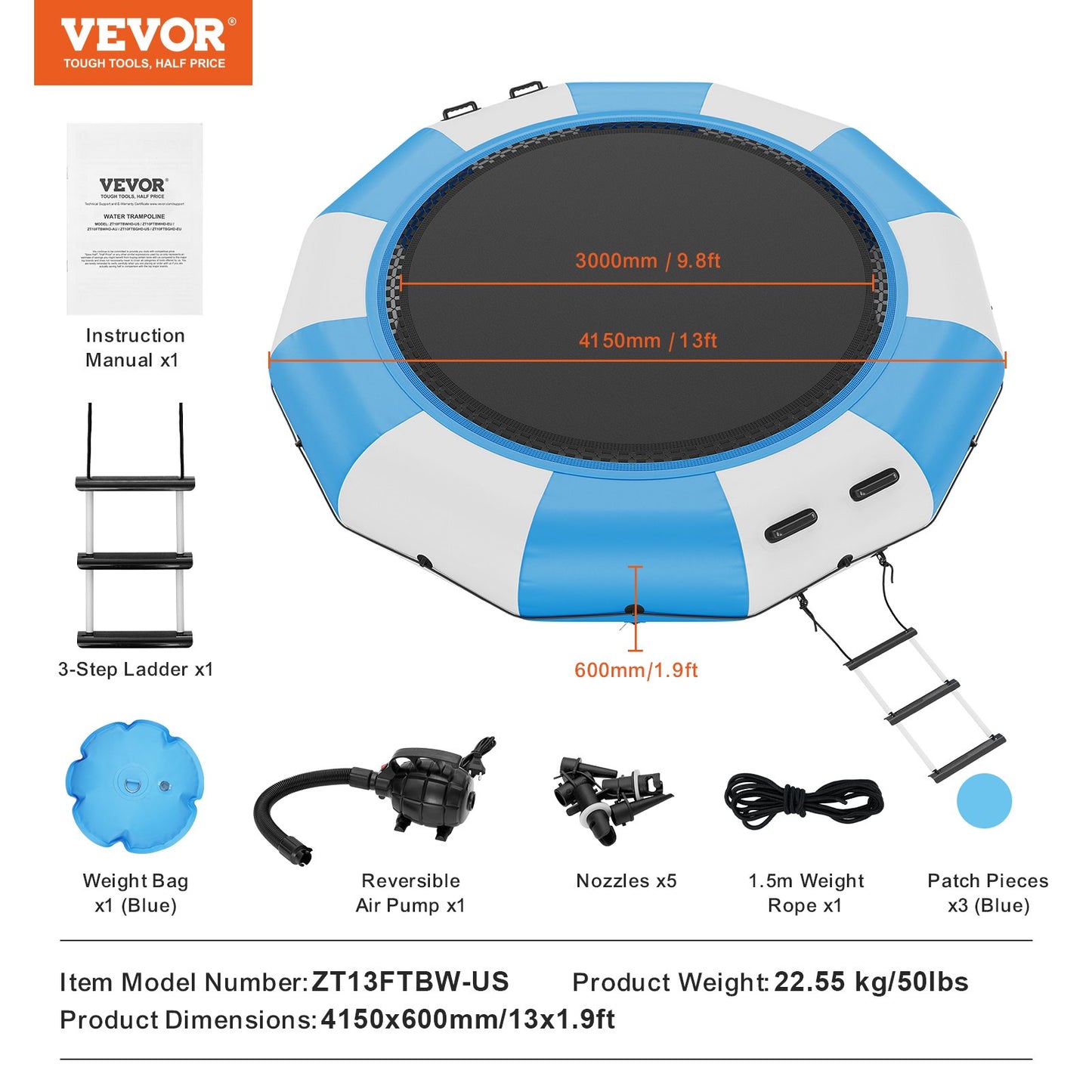 Inflatable Water Bouncer, 13ft Recreational Water Trampoline, Portable Bounce Swim Platform with 3-Step Ladder & Electric Air Pump, Kids Adults Floating Rebounder for Pool, Lake, Water Sports