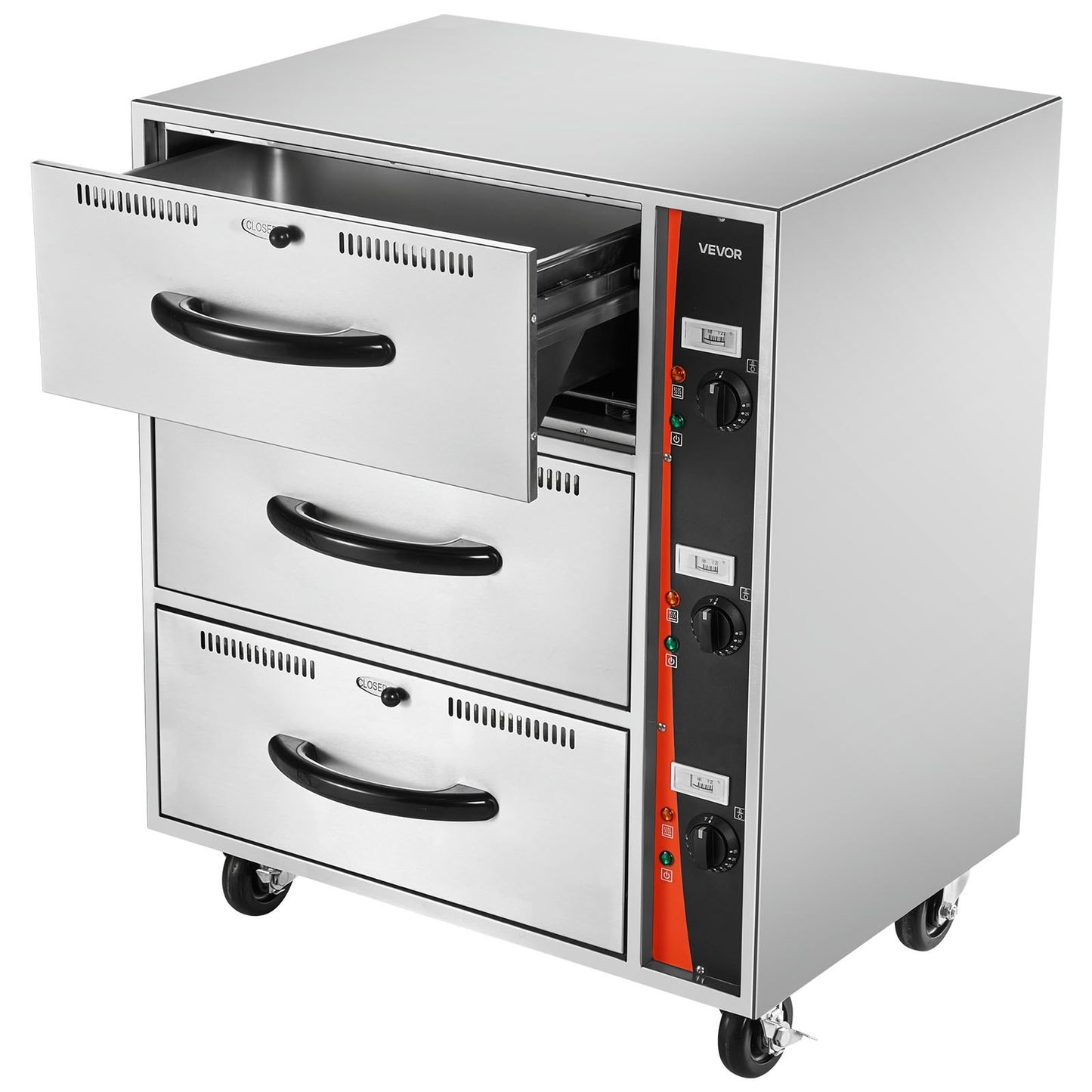 Gewerblicher elektrischer Wärmeschubladenschrank, dreischubladeniger Edelstahl-Speisenwärmer, freistehender Standard-Wärmeschubladenschrank, breiter Temperaturbereich von 30-85℃, für Restaurants, Hotelbuffets und Bäckereien