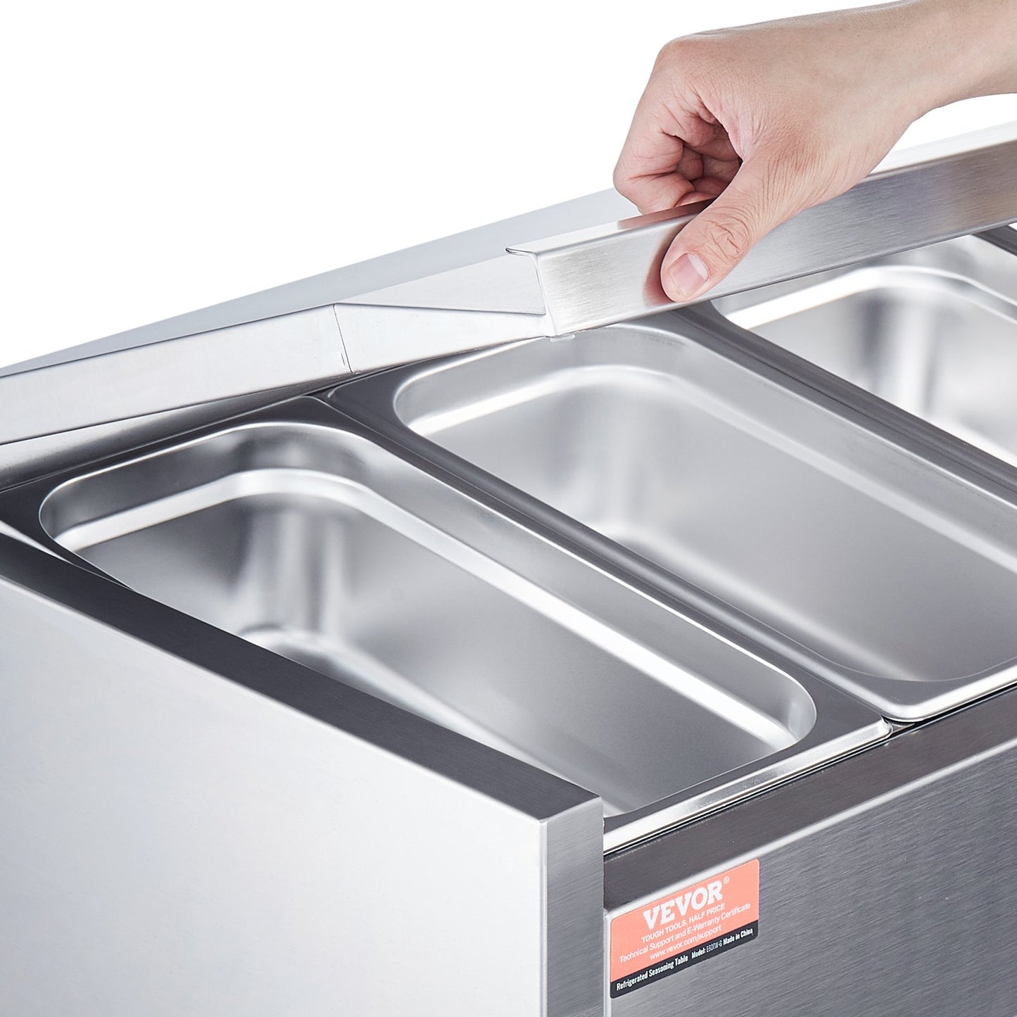 Gekühlte Gewürzstation, 140 W, Tischgerät, mit 2 1/3 und 4 1/6 Behältern, Gehäuse und Deckel aus Edelstahl 304, Sandwich-Vorbereitungstisch mit Edelstahl-Schutzgitter, CE-zertifiziert