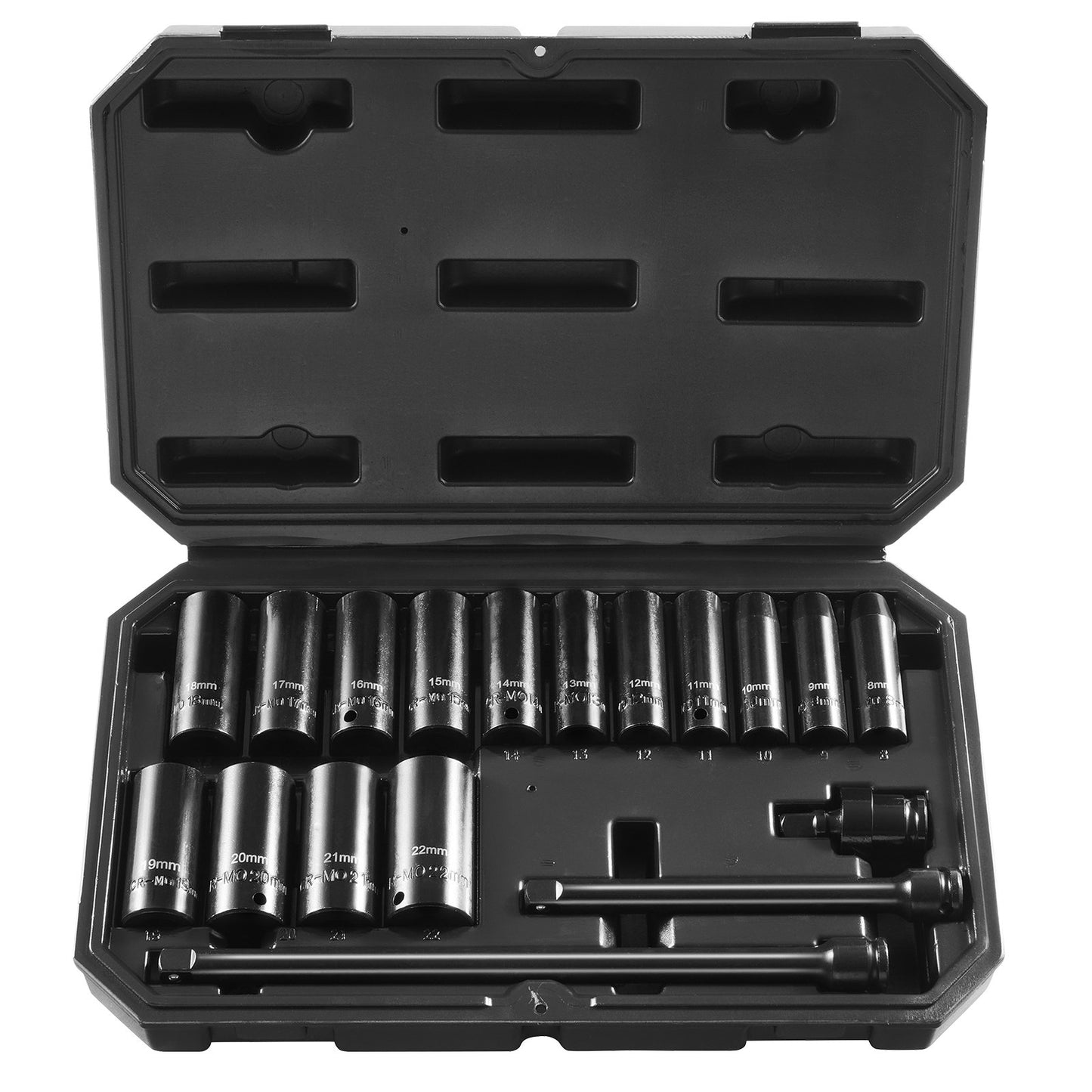 3/8" Drive Impact Socket Set, 18 Piece Deep Socket Set Metric 8-22mm, 6 Point CR-V Alloy Steel for Auto Repair, Easy-to-Read Size Markings, Rugged Construction, Includes Storage Case