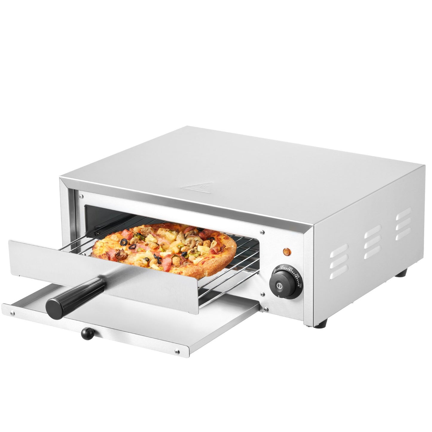 Elektrischer Pizzaofen für die Arbeitsplatte, 30 cm (12 Zoll), 1500 W, Temperaturbereich 0–300 °C, Edelstahlkonstruktion und leicht zu reinigende Krümelschublade, geeignet für den gewerblichen und privaten Gebrauch