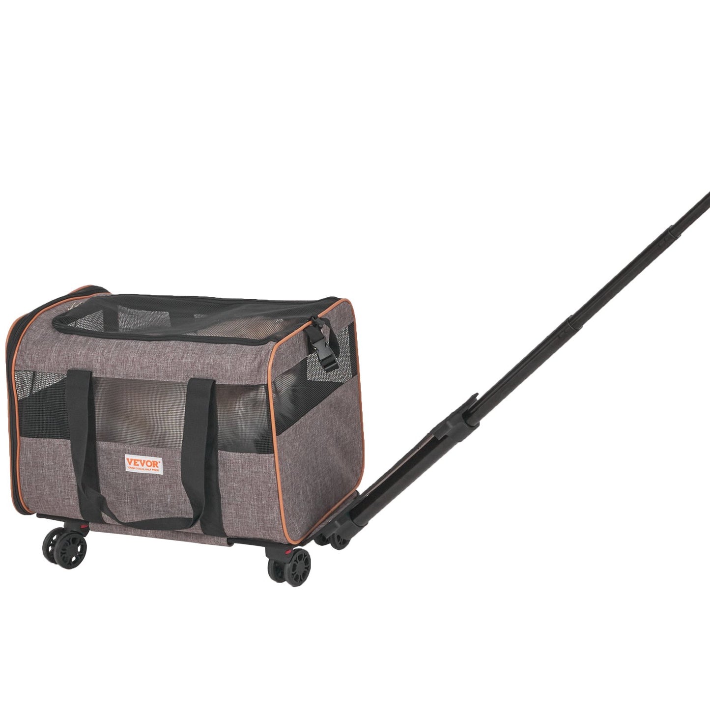 Katzentransportbox mit Rollen, flugtaugliche Transportbox mit Teleskopgriff und Schultergurt, Hundetransportbox mit Rollen für Haustiere unter 10 kg, inklusive 1 faltbarem Napf, Grau