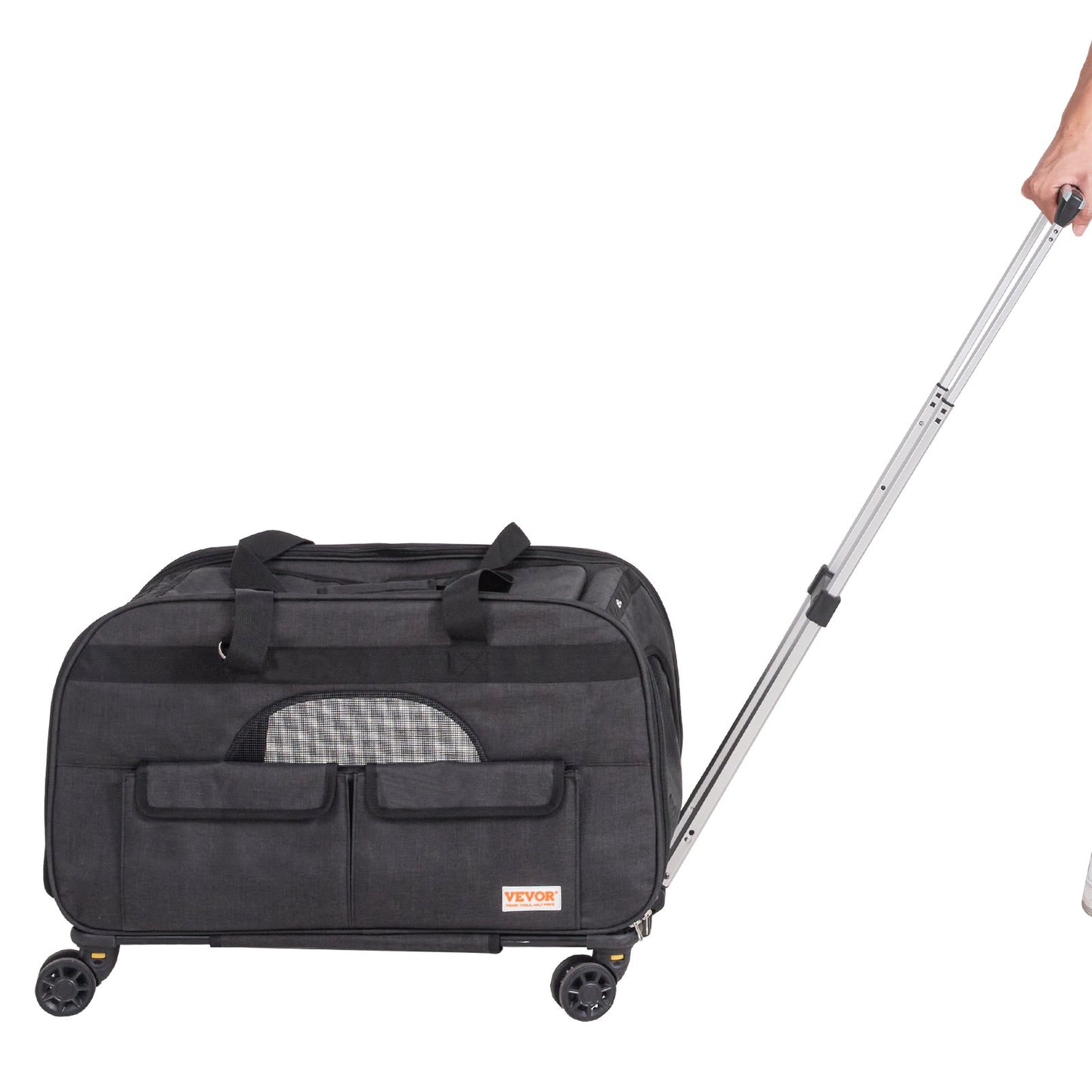 Cat Carrier with Wheels, Rolling Pet Carrier with Telescopic Handle and Shoulder Strap, Dog Carrier with Wheels for Pets under 15.9 kg, with 1 Folding Bowl, Black