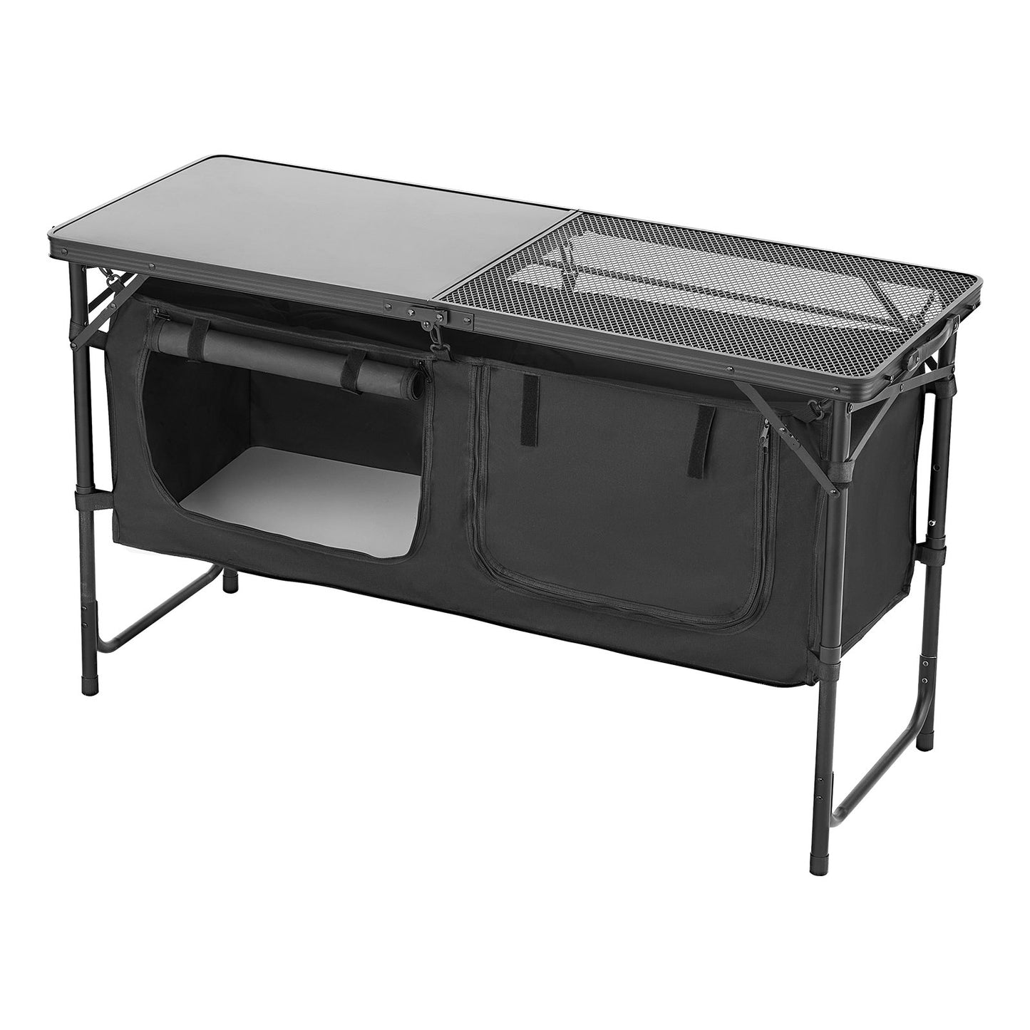 Camping-Küchentisch, klappbarer Outdoor-Kochtisch, 3-fach höhenverstellbar, leichte, tragbare Kochstation aus Aluminium mit Aufbewahrungsbox, Tragegriff, für Grillpartys, Picknicks, Wohnmobilreisen, Schwarz
