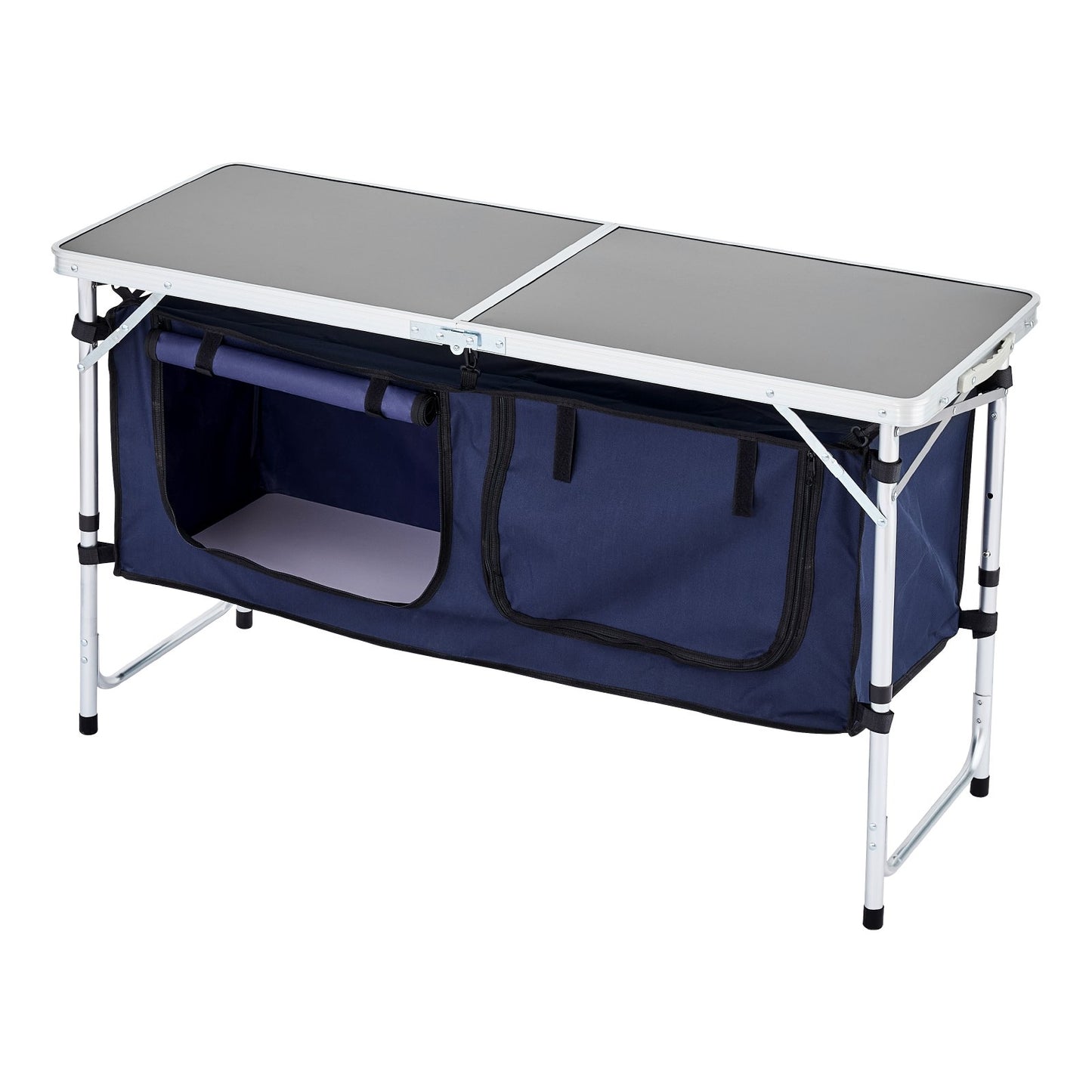 Camping-Küchentisch, klappbarer Outdoor-Kochtisch, 3-fach höhenverstellbar, leichte, tragbare Kochstation aus Aluminium mit Aufbewahrungsbox, Tragegriff, für Grillpartys, Picknicks, Wohnmobilreisen, Blau