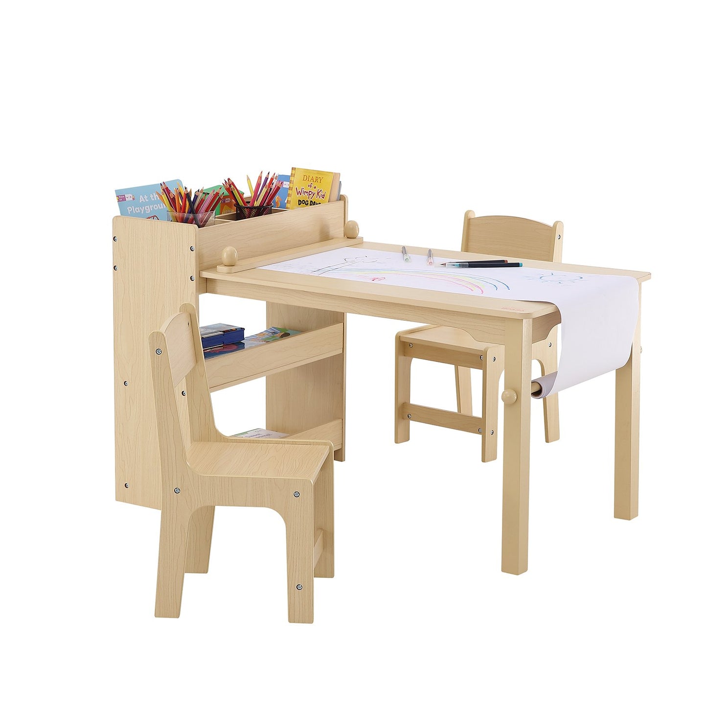 Kids Art Table and 2 Chairs, 2-in-1 Toddler Craft and Play Activity Table, Wood Toddler Table and Chair Set with A Cabinet for Art, Craft, Reading, Learning