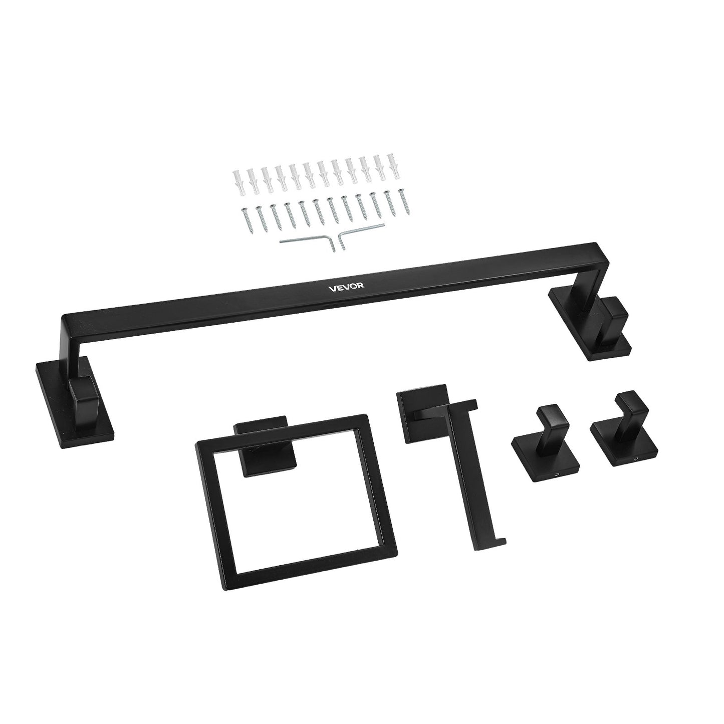 Matte Black Bathroom Hardware Set, 5 Pieces Stainless Steel Bathroom Accessories Set, 24-inch Towel Bar, Towel Rack, 2 Robe Towel Hooks, Toilet Paper Holder, for Bath Room, Wall Mounted