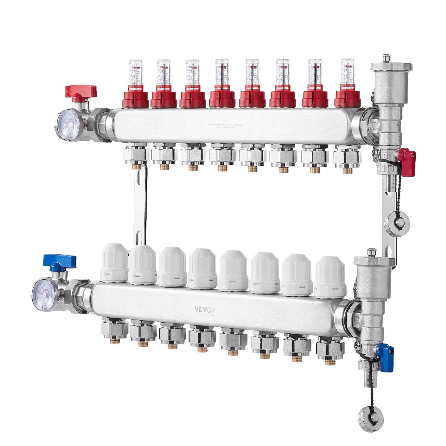 8-Branch Radiant Heat Manifold, 1/2" PEX Tubing Manifold, Stainless Steel PEX Manifold for Hydronic Radiant Floor Heating, Radiant Heat PEX Manifold Kit with 1/2" Adapters Included
