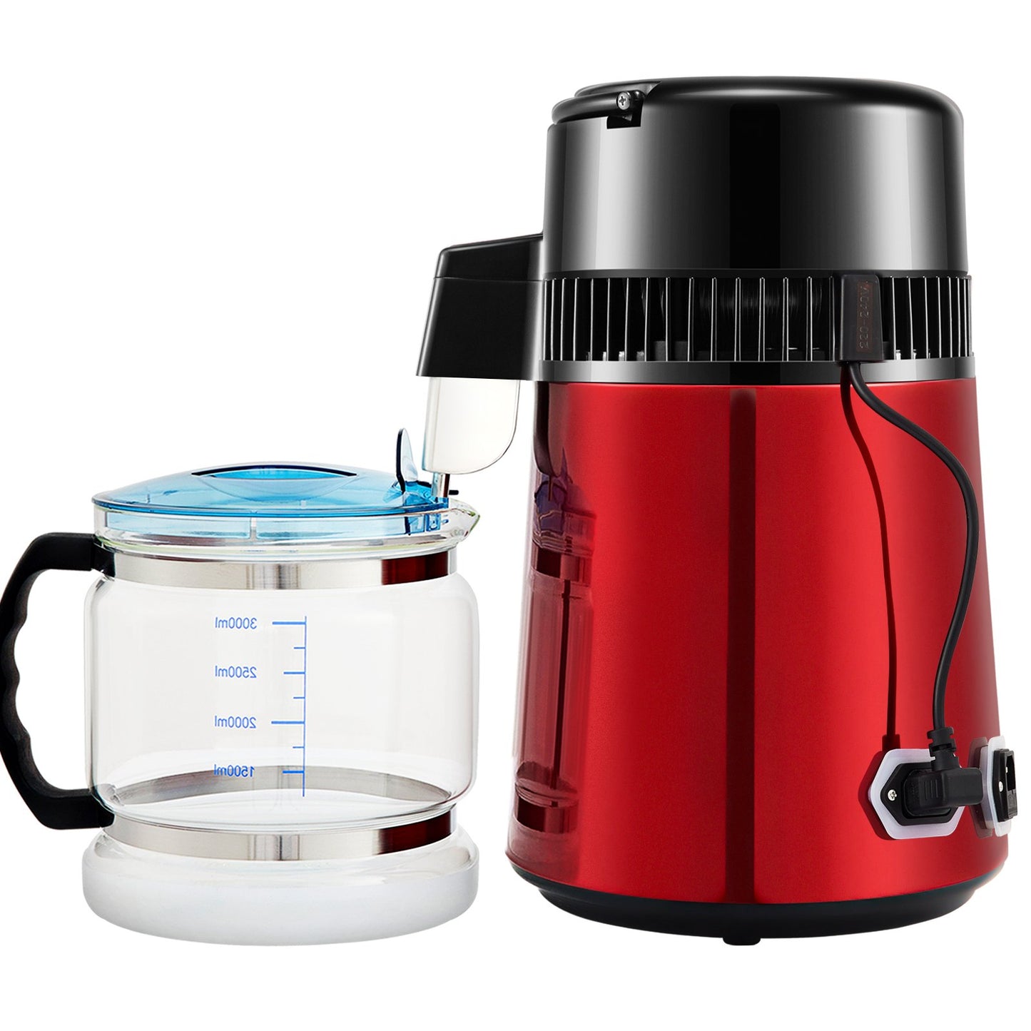 Wasserdestilliergerät, 1 l/h, 4-Liter-Destillierwasserbereiter mit 0–99-Stunden-Timer, 750-W-Tischwasserfilter mit dualer Temperaturanzeige, Glaskaraffe, Reinigungspulver und 3 Kohlepackungen inklusive, FDA-zugelassen, wiederaufladbar