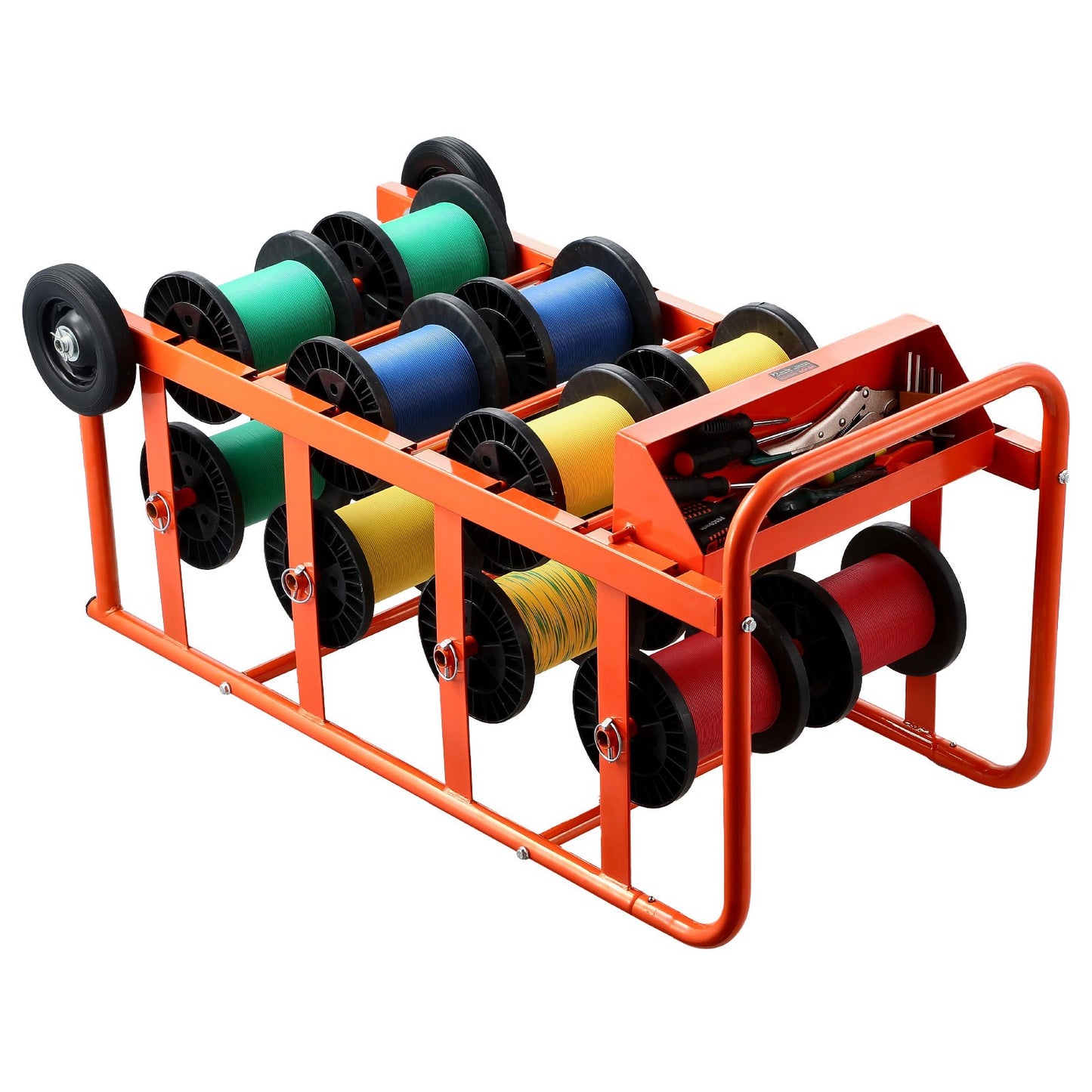Kabeltrommelgestell, 11 Stangen, Mehrfachspulen-Kabeltrommelspender, Kabelwagen mit Rollen, Kabelhalter mit Ablagefach zur Kabelaufbewahrung, für Elektro-, Industrie- und Einzelhandelsanwendungen, Arbeitseffizienz