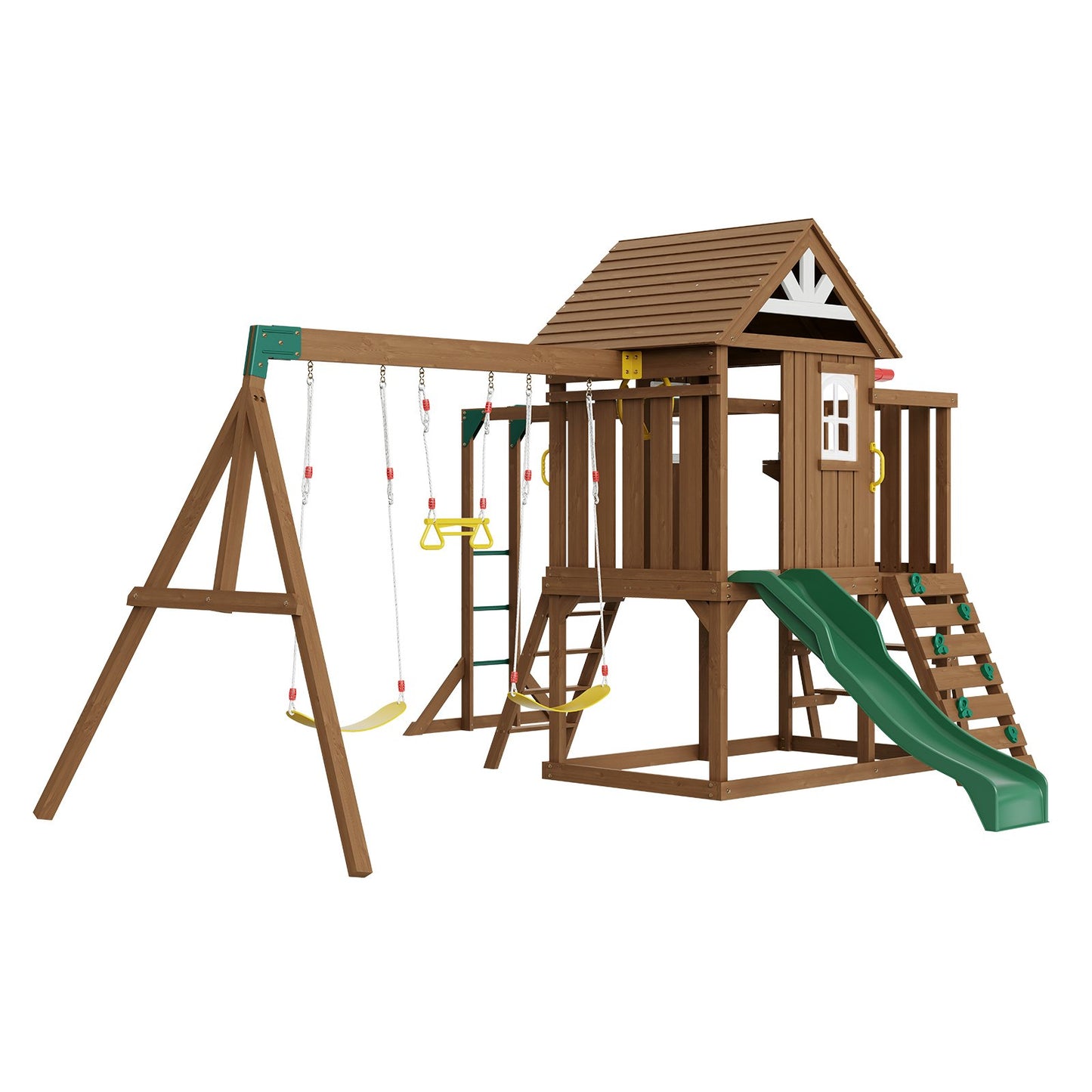 Holzschaukelset, 10-in-1-Spielplatzset für den Garten, 2 Schaukeln, Trapezstange, 1,8 m Rutsche, große Spielburg mit Küchenspielzeug, flache Trittleiter, Kletterwand, Picknicktisch, Sandkasten, Kletterleiter