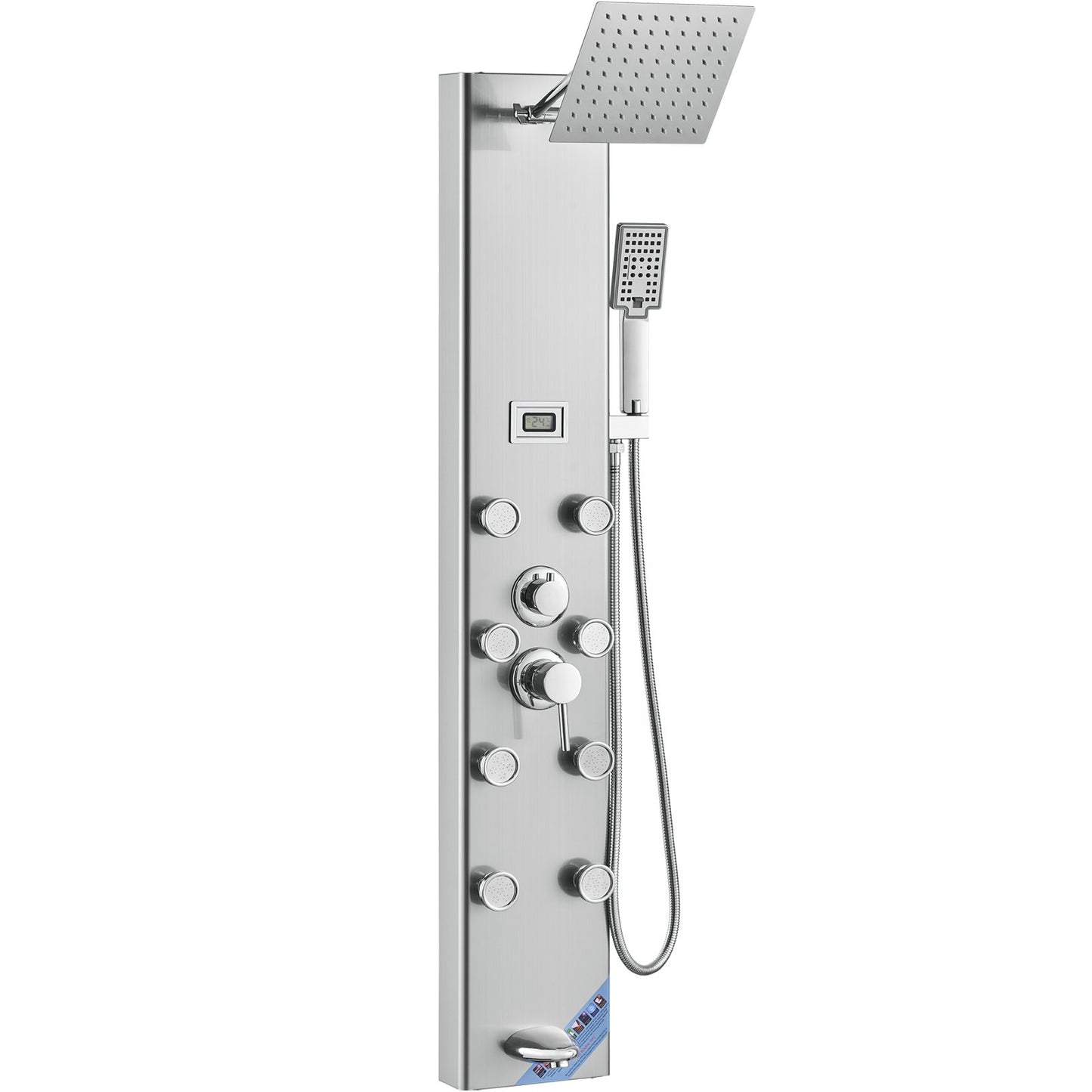 Shower Panel System, 6 Shower Modes, Digital Display Shower Panel Tower, Rainfall, 8 Massage Jets, Tub Spout, 3-Setting Handheld Shower Head 59" Hose, Stainless Steel Wall-Mounted Shower Set