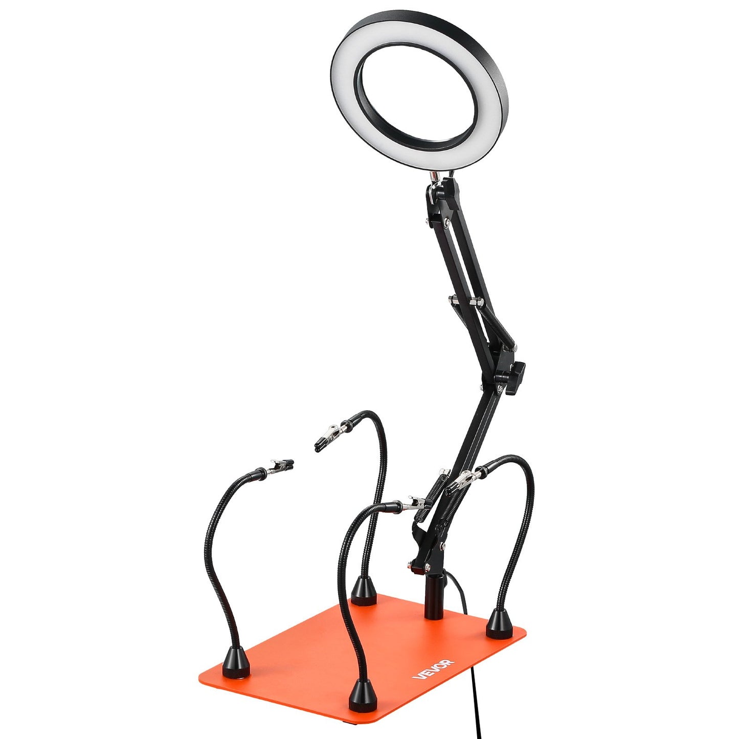 Magnetische Lötstation mit vier flexiblen Armen, 3-facher LED-Vergrößerungslampe und rutschfestem, robustem Standfuß – die ideale Löthilfe für Elektronikreparaturen, Bastelarbeiten und DIY-Projekte.