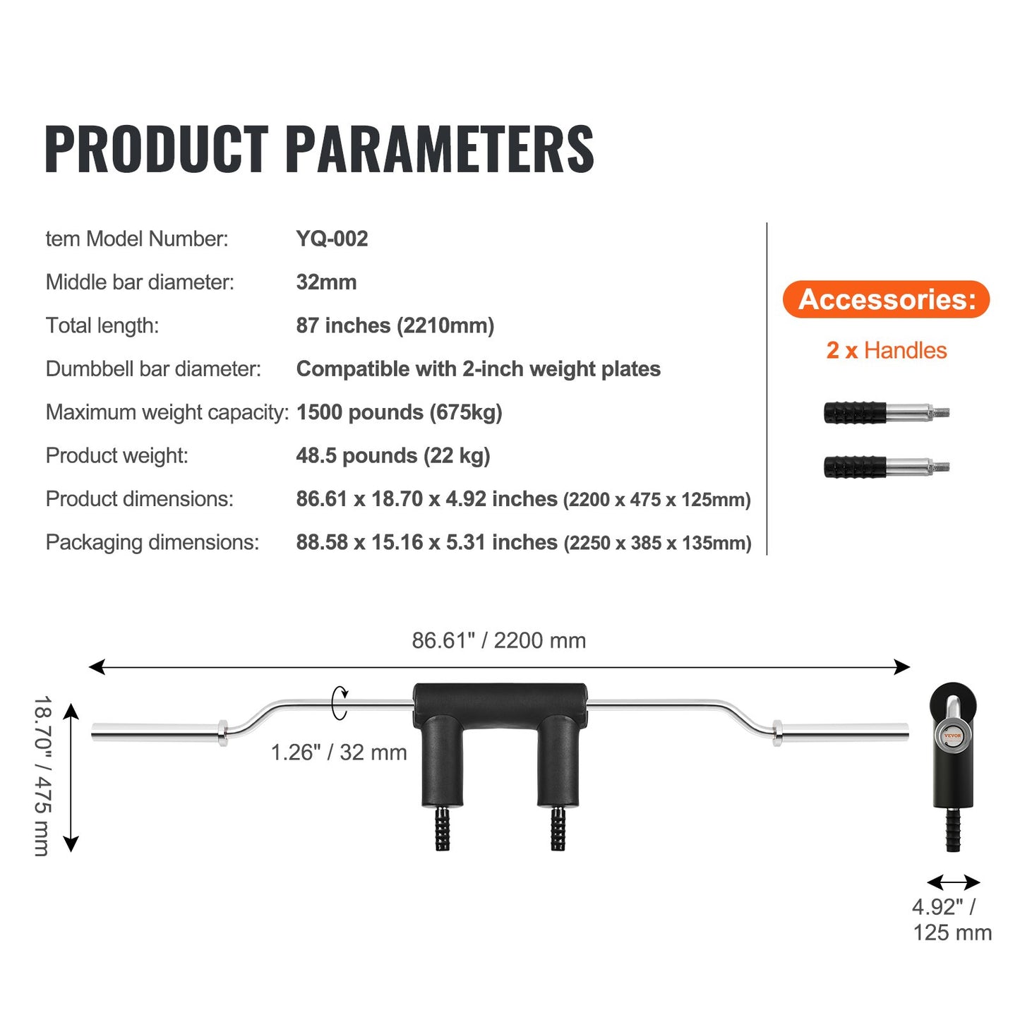Sicherheits-Kniebeugenstange, 1.500 lbs (ca. 680 kg) Fitness-Kniebeugenstange, Sicherheits-Kniebeugenstangenaufsatz mit Schulter- und Armpolstern, 32 mm Durchmesser, ideal für Frontkniebeugen, Ausfallschritte, Rehabilitation und Physiotherapie