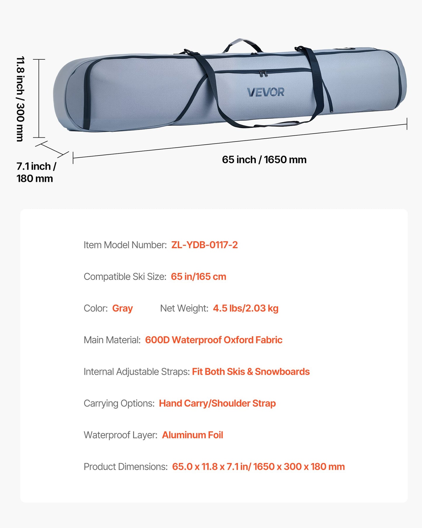 Snowboard Bag, Up to 65 in/165 cm, Padded Skis & Snowboards Bag for Air Travel, 600D Waterproof Oxford Fabric, with Adjustable Inner Straps, for Skis Poles Goggles Gloves Helmet Boots (Gray)