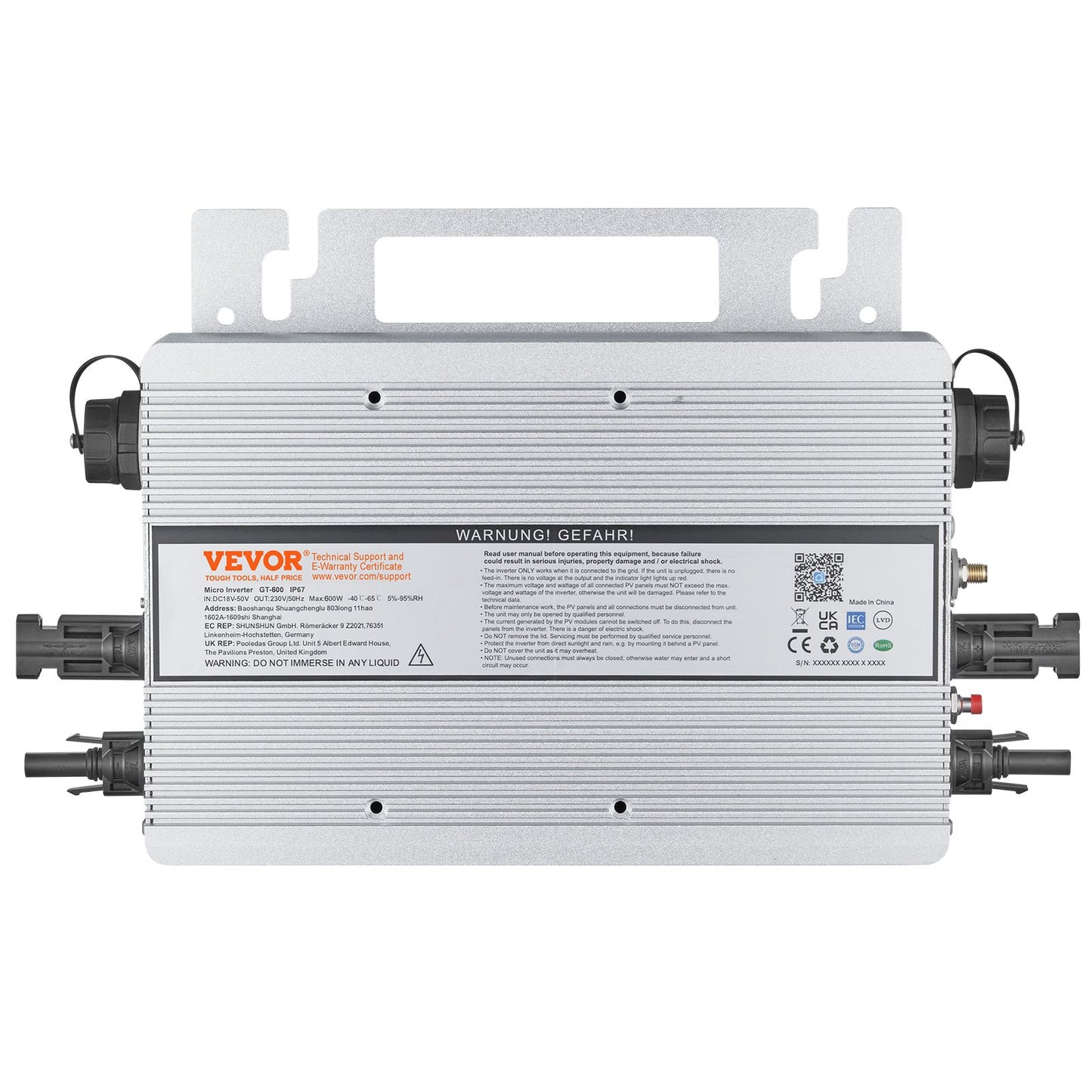 Solar-Netzwechselrichter, 600 W, wasserdicht (IP67), Aluminiumlegierung, 18–50 V DC, mit App, WLAN-Antenne und Netzkabel, für Solaranlagen