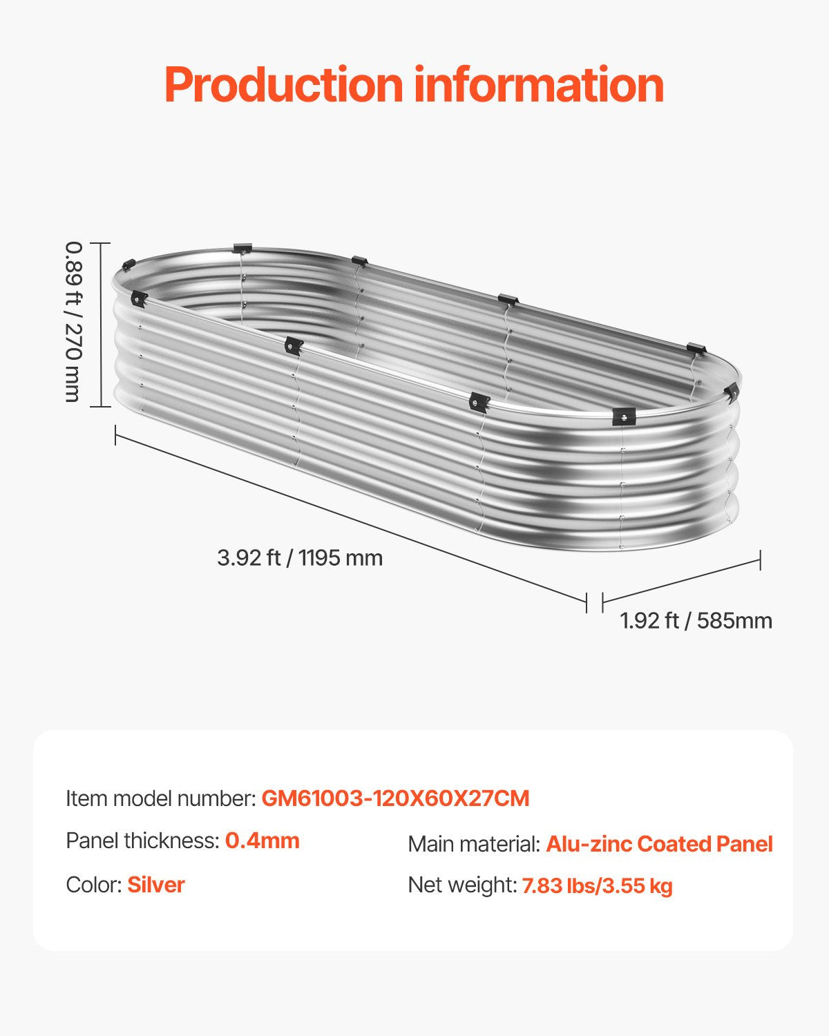 Metal Raised Garden Bed, 4 x 2 x 1 ft Outdoor Galvanized Planter Box, with Open Bottom, Large Oval Planter Raised Bed for Gardening Vegetables, Flowers, Herbs, and Succulent Plants, Silver