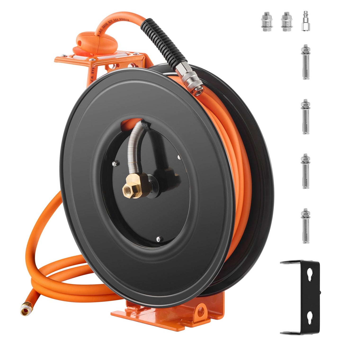 Retractable Air Hose Reel, 3/8IN x 50FT Hybrid Air Hose Max 300PSI, Air Compressor Hose Reel Auto-Rewind with 5FT Lead in, Ceiling/Wall Mount Heavy Duty Single Arm Reel & 180° Swivel Bracket