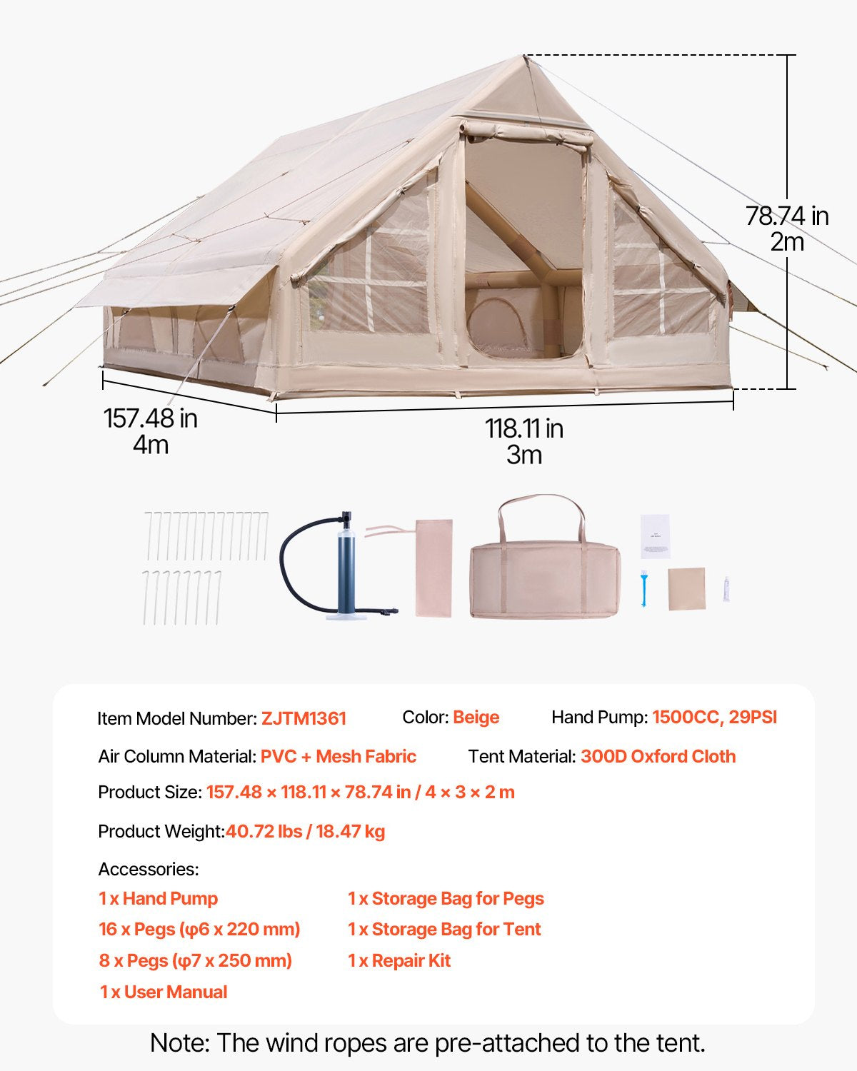 Inflatable Tents for Camping, 5-8 Person Easy Setup Blow up Tent with Hand Pump, 300D Oxford Glamping Tent with Stove Jack 2 Doors & 4 Mesh Windows, Storage Bag Included for Easy Taking