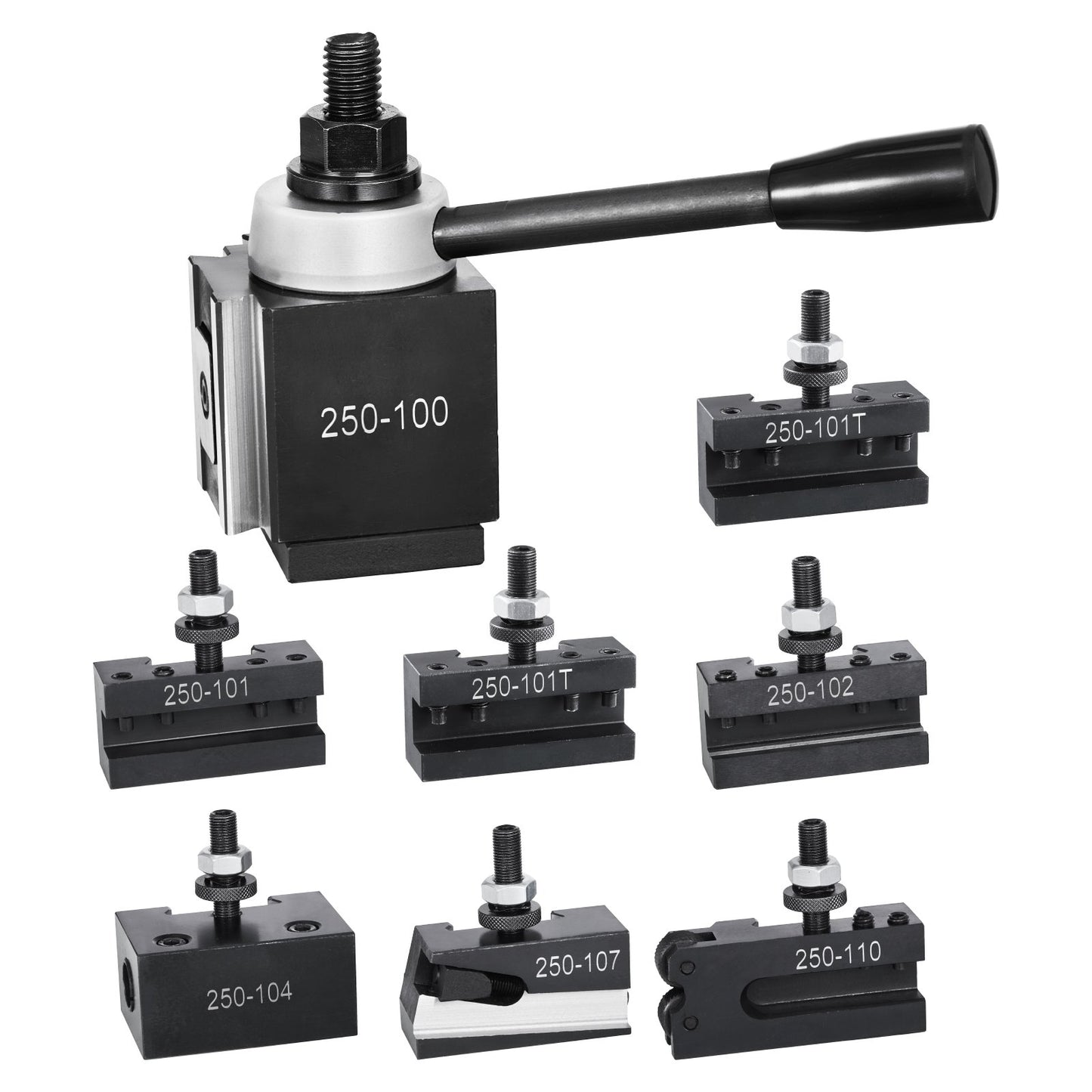 Schnellwechsel-Werkzeughalter-Set, 8-teilig, inklusive Drehmeißelhalter, Keil-Werkzeughalter mit Zubehör für Drehmeißelhalter, passend für Mini- und Metalldrehmaschinen mit 152–305 mm (6–12 Zoll) Drehdurchmesser, aus robustem Stahl