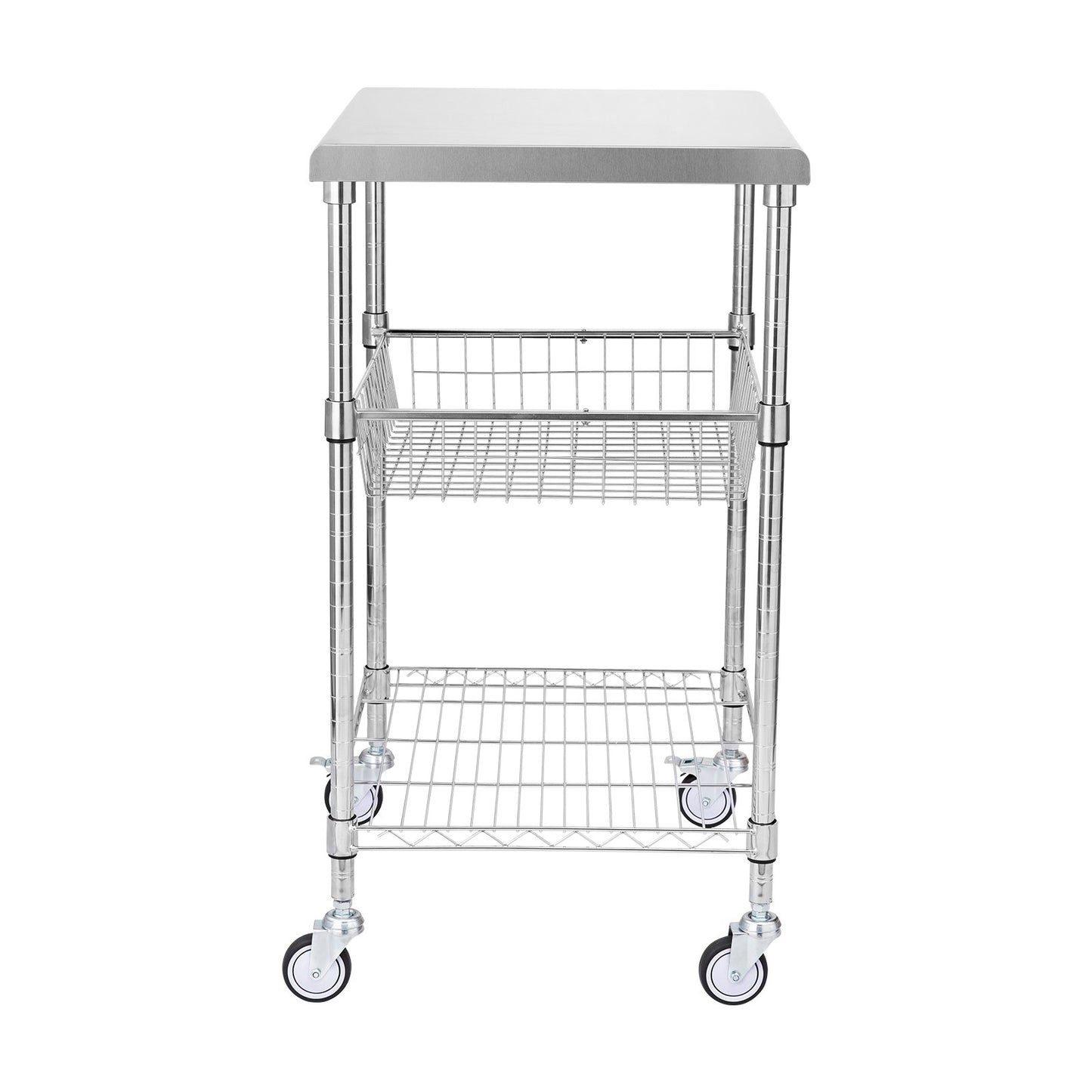 Kitchen Utility Cart, 3 Tiers, Wire Rolling Cart with 470LBS Capacity, Steel Service Cart on Wheels, Metal Storage Trolley with 76mm Basket Curved Handle PP Liner 6 Hooks, for Indoor and Outdoor