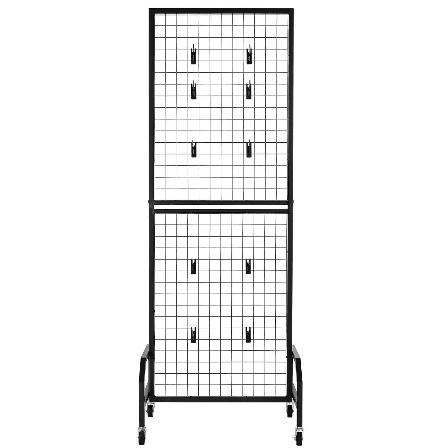 Grid Wall Panel, 600 x 1640 mm Wire Grid Panels Display Rack, Movable Art Display Shelf with Wheels and 10 Hooks, Black Carbon Steel Gridwall for Craft Show, Decoration, Storage, Notice Board