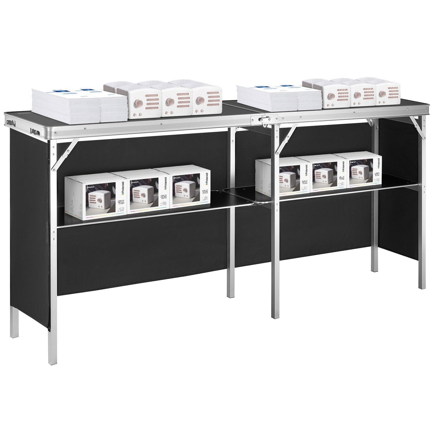 Portable Tradeshow Podium Table, 1980 x 385 x 880 mm, Display Exhibition Counter Stand Booth Fair with Wall, Foldable Promotion Retail Bar Table Podium with Storage Rack and Carrying Bag