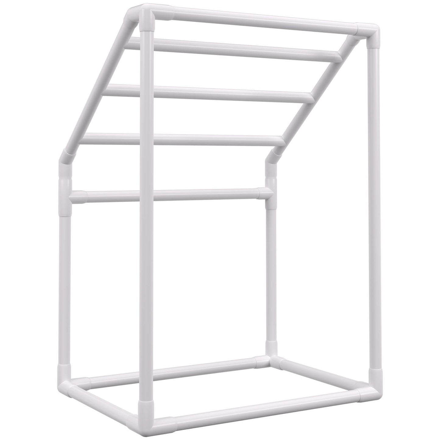 Pool Towel Rack, 5 Bar, White, Freestanding Outdoor PVC Trapedozal Poolside Storage Organizer, Include 8 Towel Clips, Mesh Bag, Hook, Also Stores Floats and Paddles, for Beach, Swimming Pool