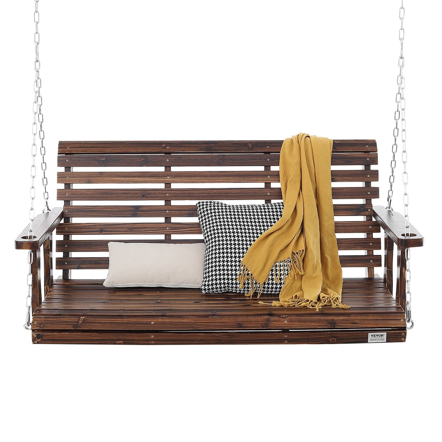 Holzschaukel für Veranda und Terrasse, 1,4 m lang, mit verstärkter Tragkraft von 400 kg, robuste Schaukelbank mit Aufhängeketten für den Außenbereich, karbonisiertes Braun