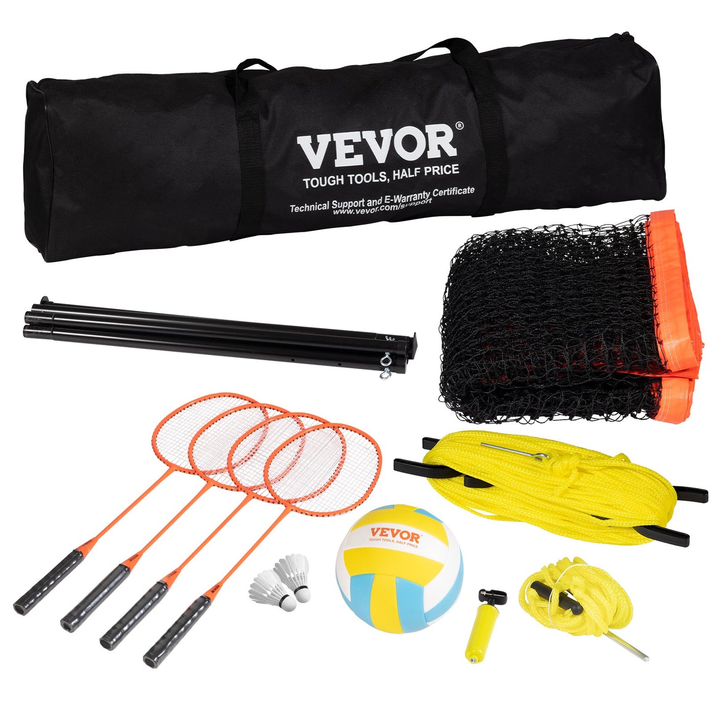 Volleyball- und Badminton-Set, tragbares Badmintonnetz für den Außenbereich, höhenverstellbare Stahlstangen, professionelles Kombi-Set mit PVC-Volleyball, Pumpe, Tragetasche, einfacher Aufbau für Garten, Strand oder Rasen