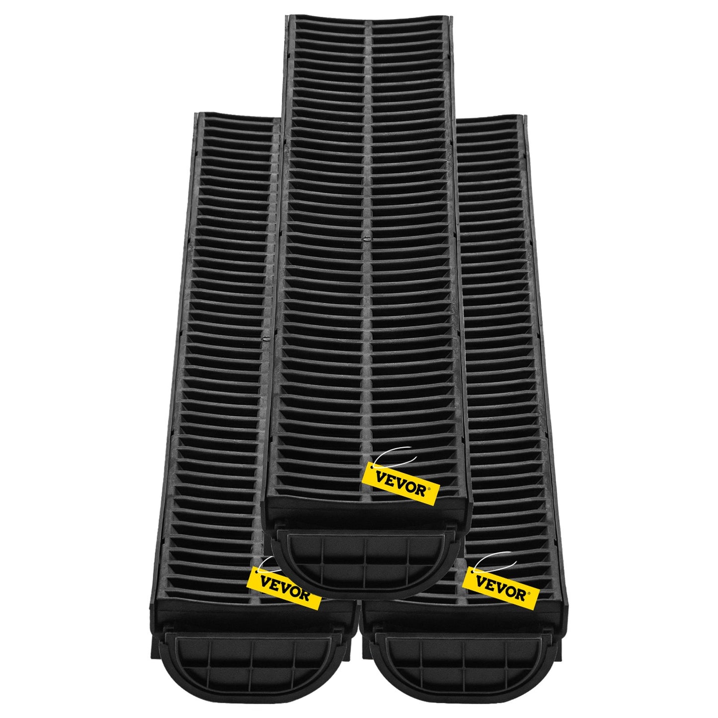 Entwässerungssystem mit Rinnenrost, 145 x 79 mm HDPE-Entwässerungsrinne, schwarzer Kunststoff-Garagenbodenablauf, 3 x 39 mm Rinnenrost, mit 3 Endkappen, für Garten und Einfahrt – 3er-Pack