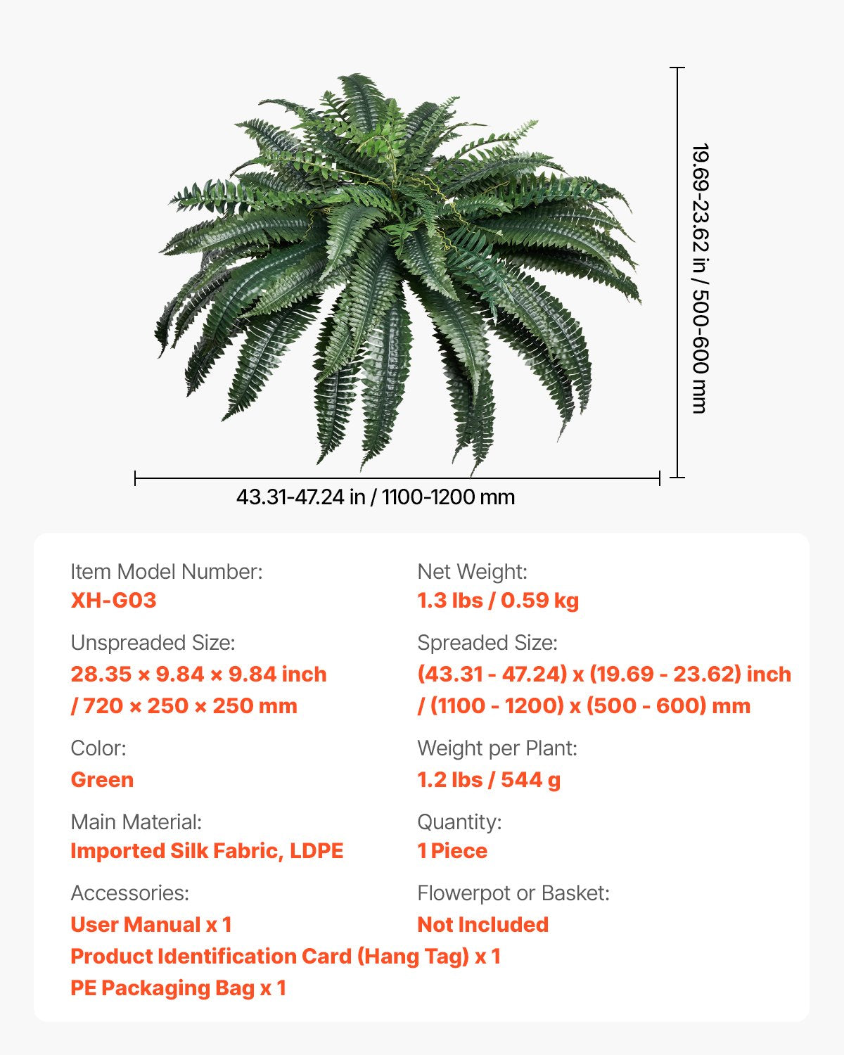 Artificial Ferns, Natural Spread Diameter 43-47 Inch, Large Hanging Artificial Boston Ferns, Fake Plant Wall Decor with 88 Branches, Faux Fern for Home Office and Outdoor (Flowerpot Unincluded)