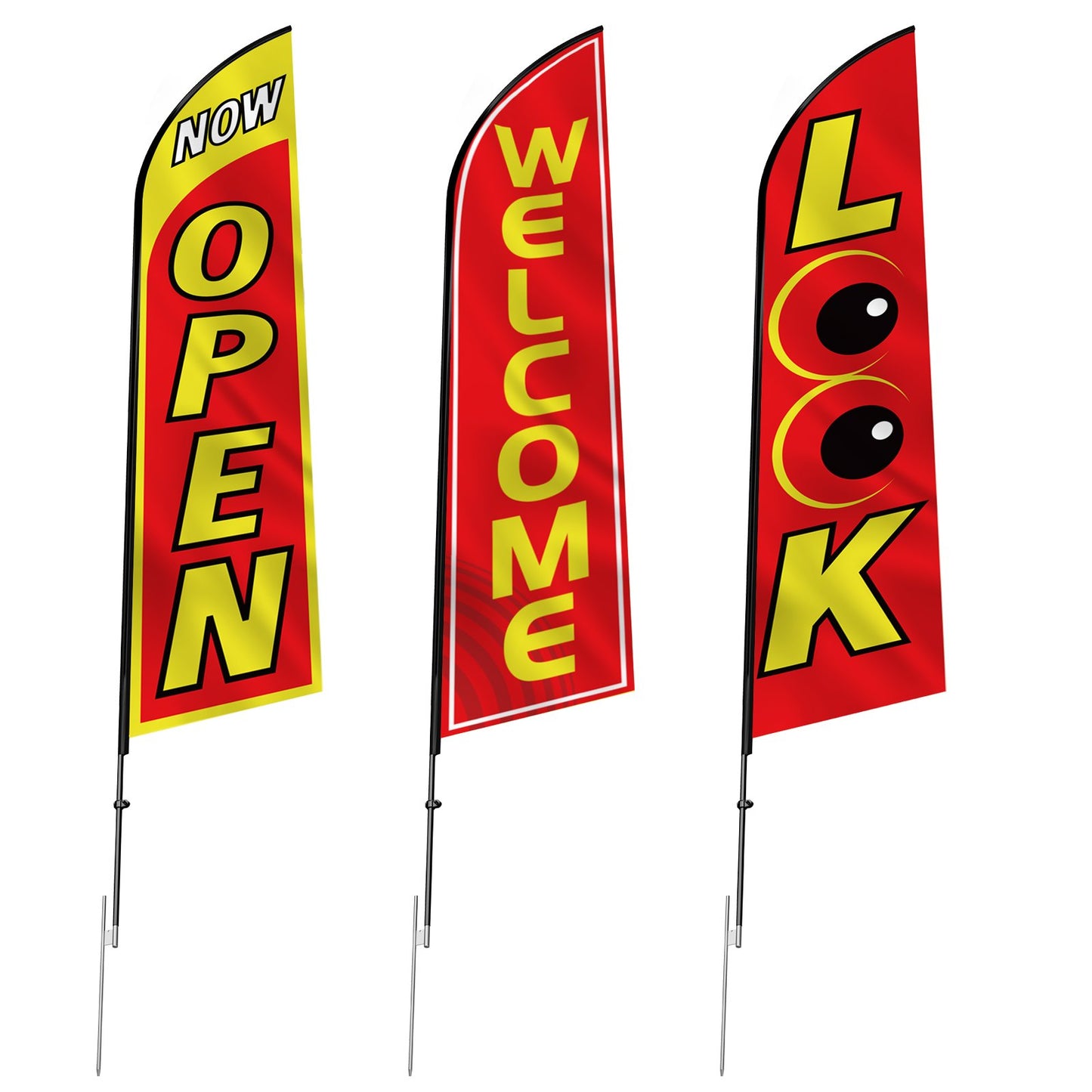 Open Flags with Pole Kit, Advertising Flags for Business Outside, Advertising Feather Flag Kit, 3 Flags (Open, Look, Welcome), 3 Poles, 3 Ground Stakes, Swooper Flags for Businesses 16.3 FT