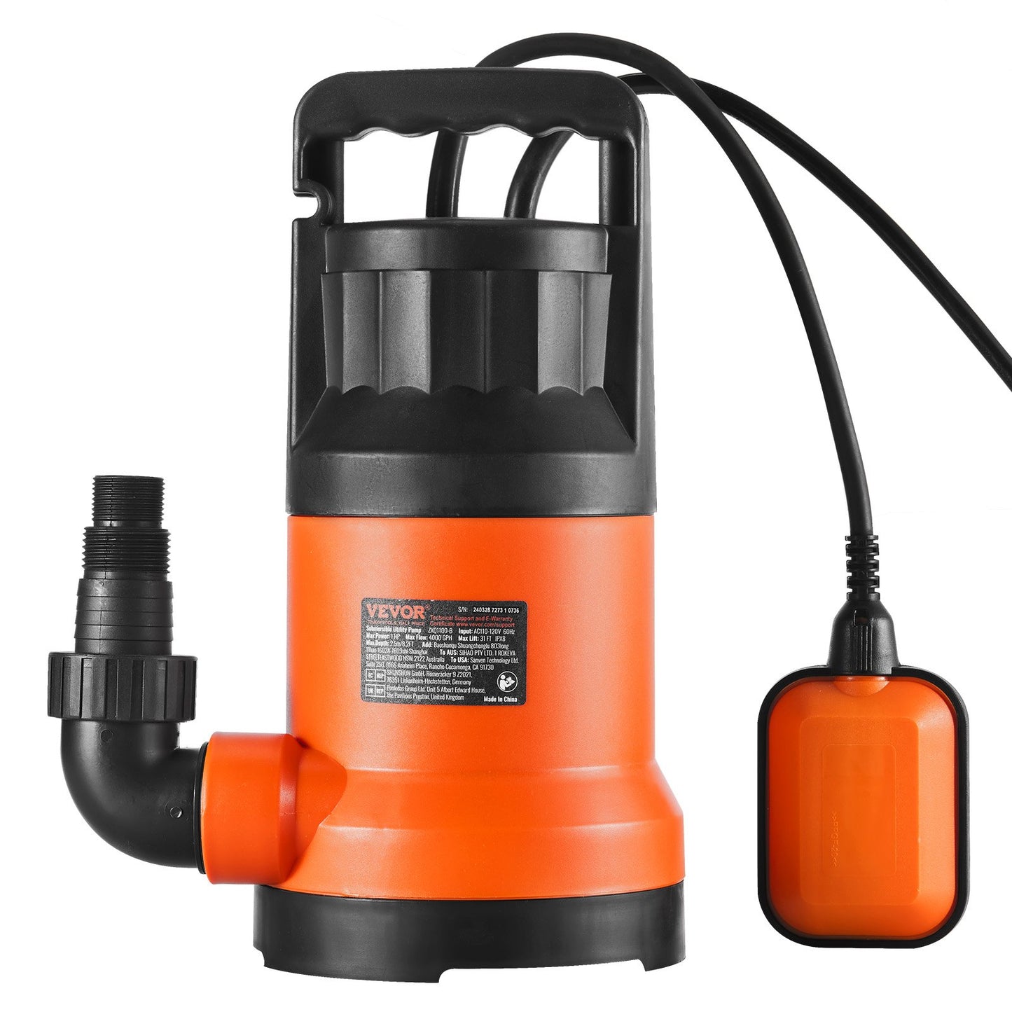 Tauchpumpe, Sumpfpumpe, 400 W, 2510 GPH/9506 LPH, 26 ft/7,9 m Förderhöhe