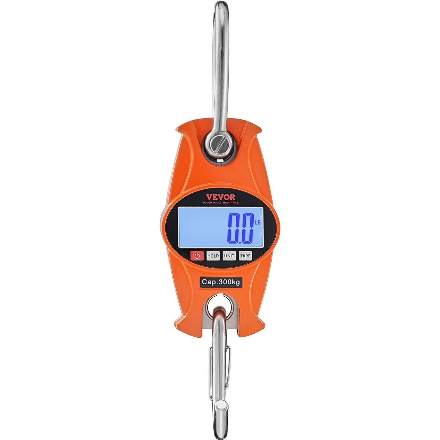 Digital Crane Scale, 660 lbs/300 kg, Industrial Heavy Duty Hanging Scale with Cast Aluminum Case & LCD Screen, Handheld Mini Crane with Hooks for Farm, Hunting, Fishing, Outdoor, Garage (Orange)