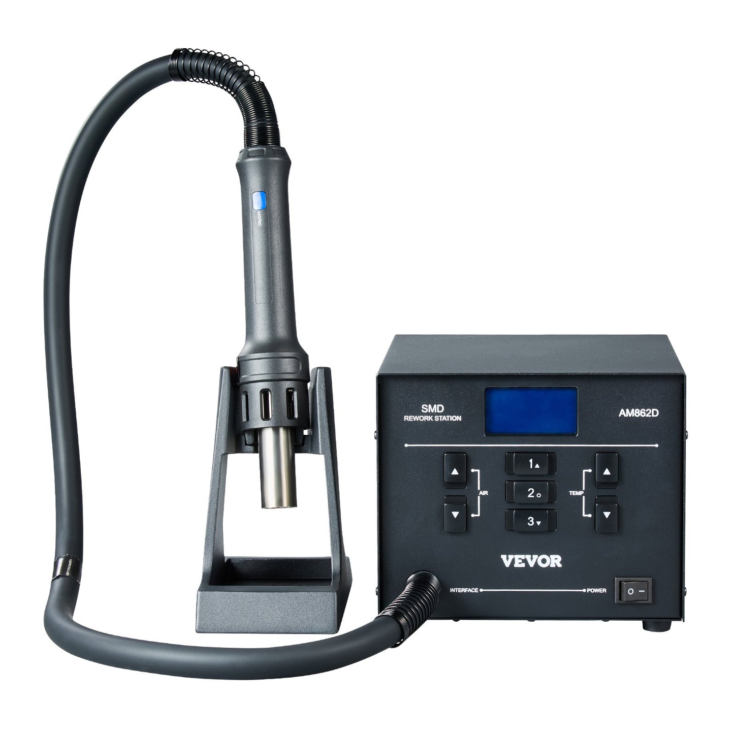 Heißluft-Reparaturstation, 1000-W-Digital-SMD-Reparaturstation, Heißluftpistole (100–400 °C) mit 99-stufig einstellbarem Luftstrom, 3 voreingestellten Kanälen und 3 Heißluftdüsen für die Chip-Demontage und Elektronikreparatur