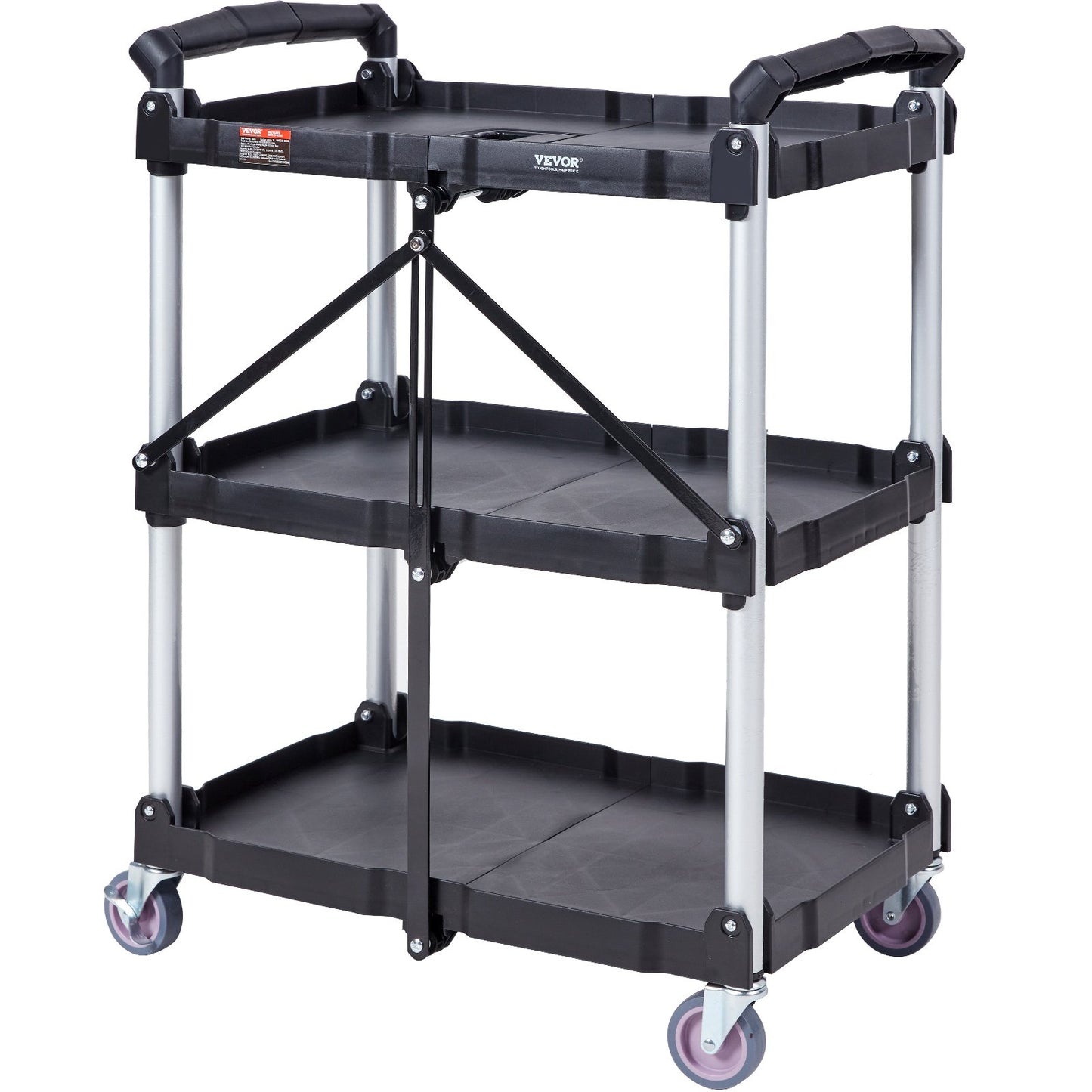 Foldable Utility Service Cart, 3 Shelf 74.8 kg Heavy Duty Plastic Rolling Cart with Lockable Wheels, Ergonomic Handle, Portable Garage Tool Cart for Warehouse/Office/Home(65.1x39.2x83.2 cm)