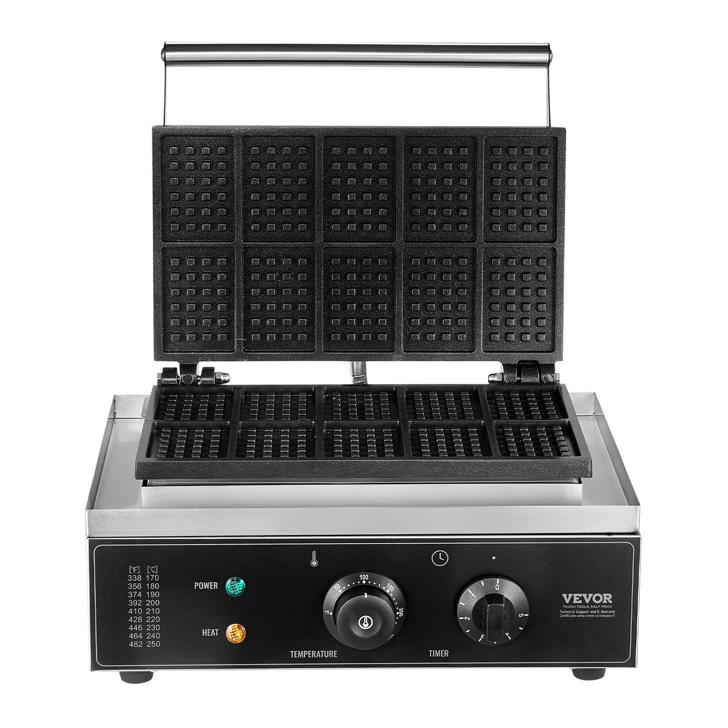 Gewerbliches Waffeleisen, 10er-Pack rechteckige Waffeln, 1550 W, antihaftbeschichtetes Edelstahl-Waffeleisen für belgische Waffeln mit Temperatur- und Zeitregelung, Griff, für Restaurants, Bäckereien, Imbisse und Familienbetriebe