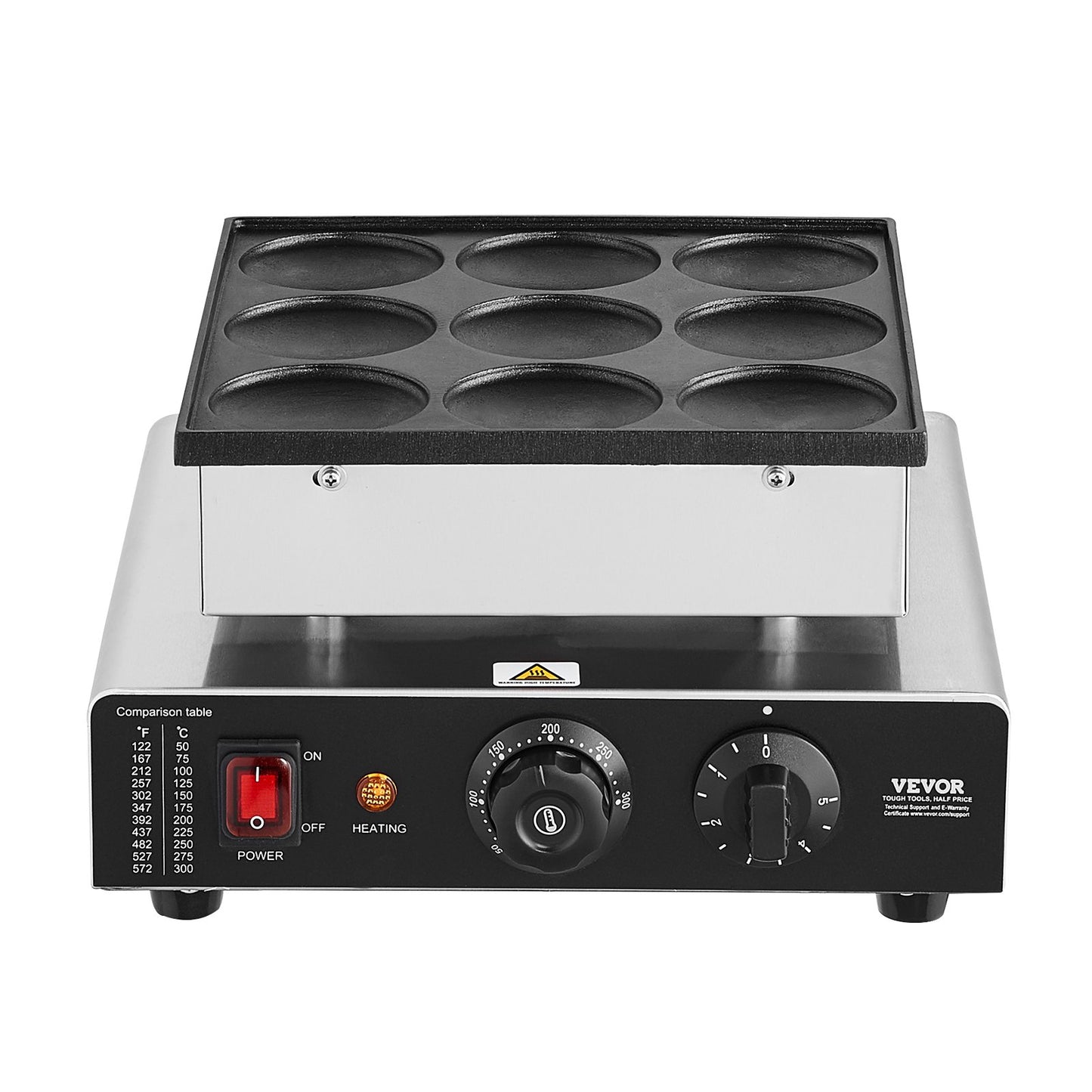 Holländischer Pfannkuchenautomat, 9-teilig, 76 mm Durchmesser, Dorayaki-Backmaschine, 850 W, gewerblicher elektrischer Poffertjes-Grill, antihaftbeschichteter Edelstahl, Temperatur- und Zeitregelung, für Küche, Restaurant und Imbiss