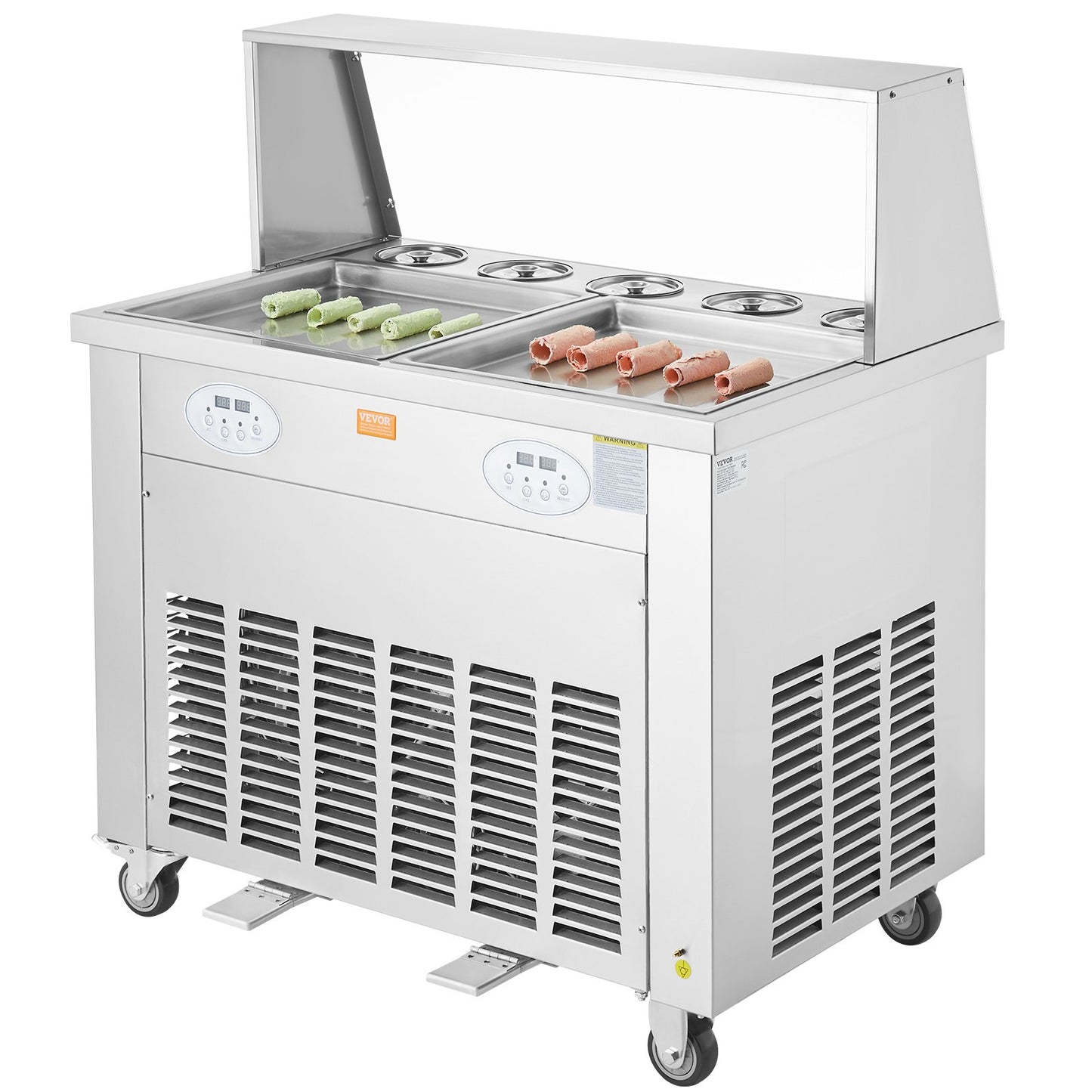 Eisrollenmaschine, 2 quadratische Pfannen (35 x 35 cm) zum Rühren von Eiscreme, gewerbliche Eisrollenmaschine aus Edelstahl mit Kompressor und 4 Schabern, für Eiscreme und Frozen Yogurt