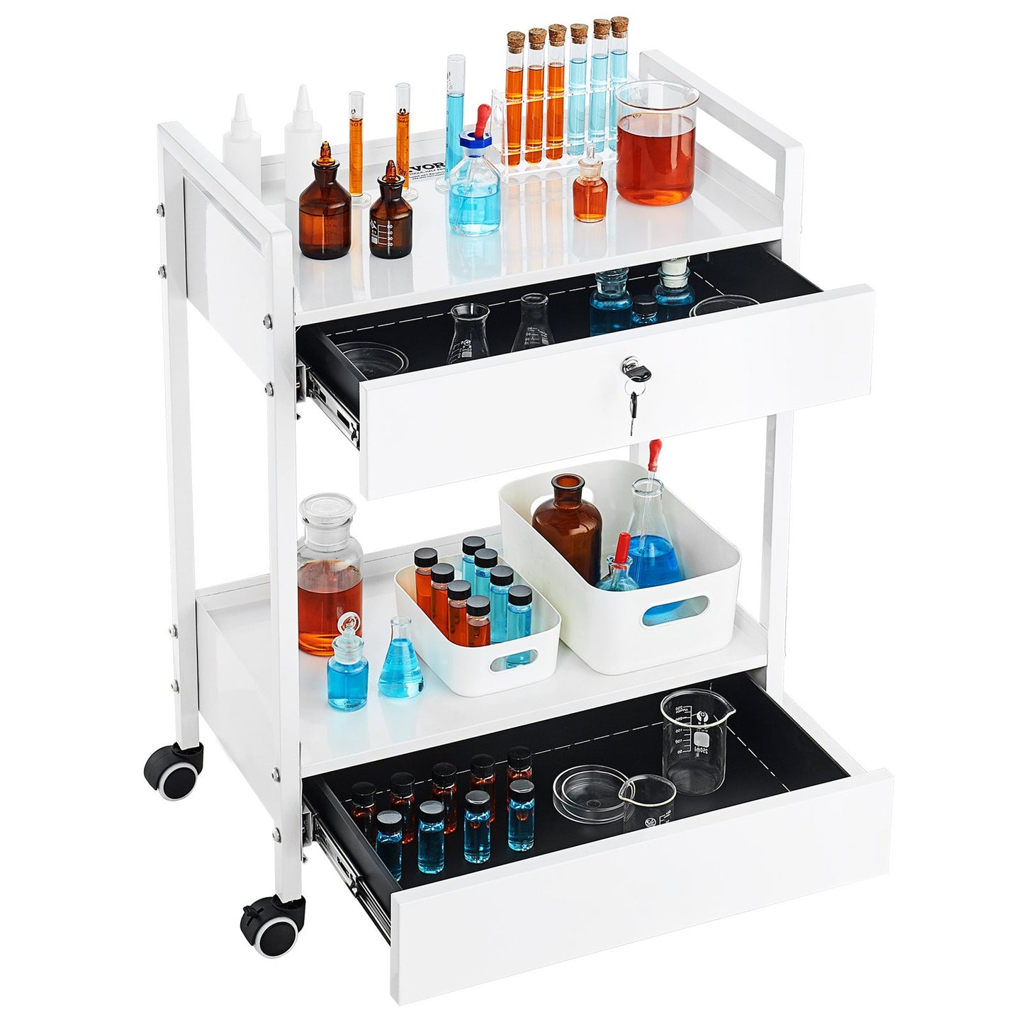 Lab Cart, 2 Tiers Stainless Steel Utility Cart, Medical Cart with 2 Drawers, Rolling Lab Cart White Paint, Serving Cart with Swivel Casters for Laboratory, Hospital, Dental, Salon and Beauty