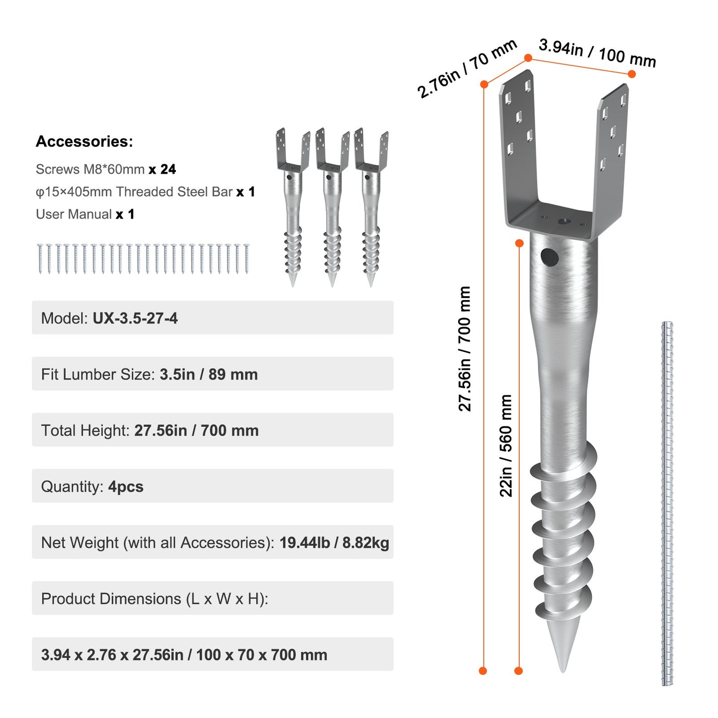 No Dig Ground Anchor, 4 Pack 3.94 x 2.76 x 27.56 in/10 x 7 x 70 cm DIY Screw in Post Stake, Includes 6 Lag Bolts & a Rebar, U-Shape Heavy Duty Steel Post Holder, Great for Mailbox Posts and Fence Posts