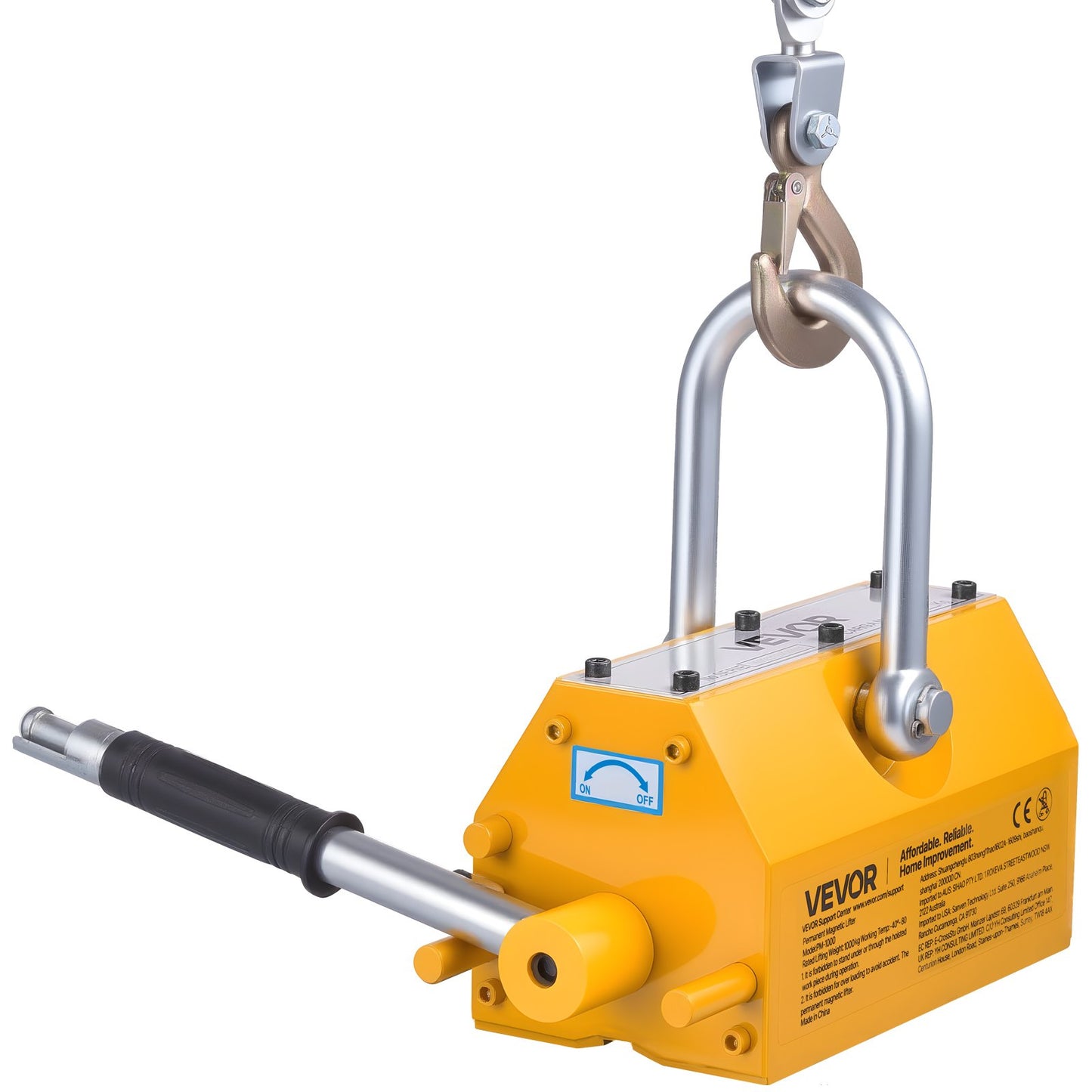 Permanent Magnetic Lifter, 1000 kg Pulling Capacity, Heavy Duty N42 Neodymium Lifting Magnet with Release Handle and Steel Hook, Used in Shop Crane and Hoist, for Lifting Plate Steel, Board