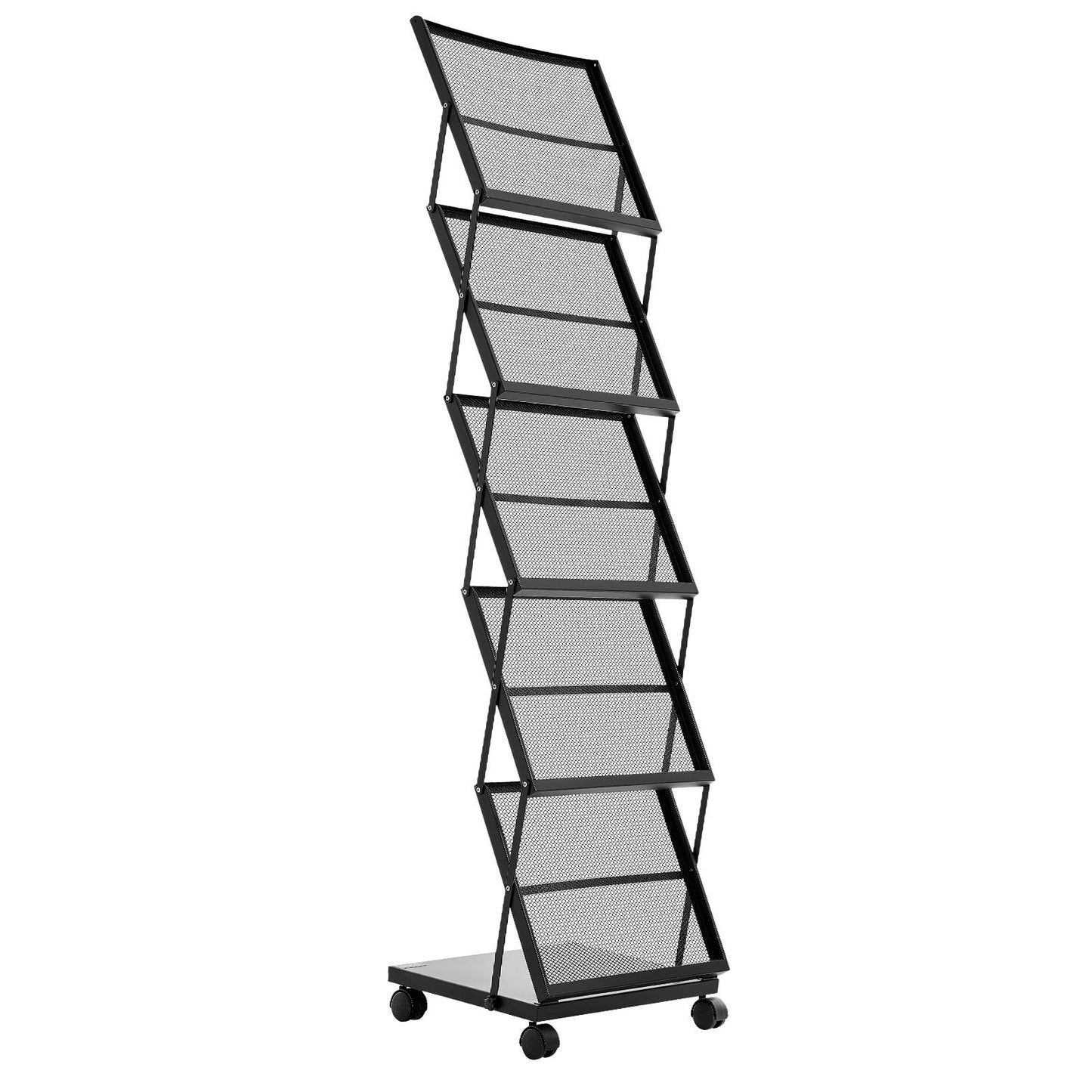 Brochure Display Rack, Foldable 5 Pockets Magazine Literature Display Stand, Movable Floor Standing Magazine Rack with Wheels, Metal Newspaper Catalog Holders for Shop Exhibitions Office Show
