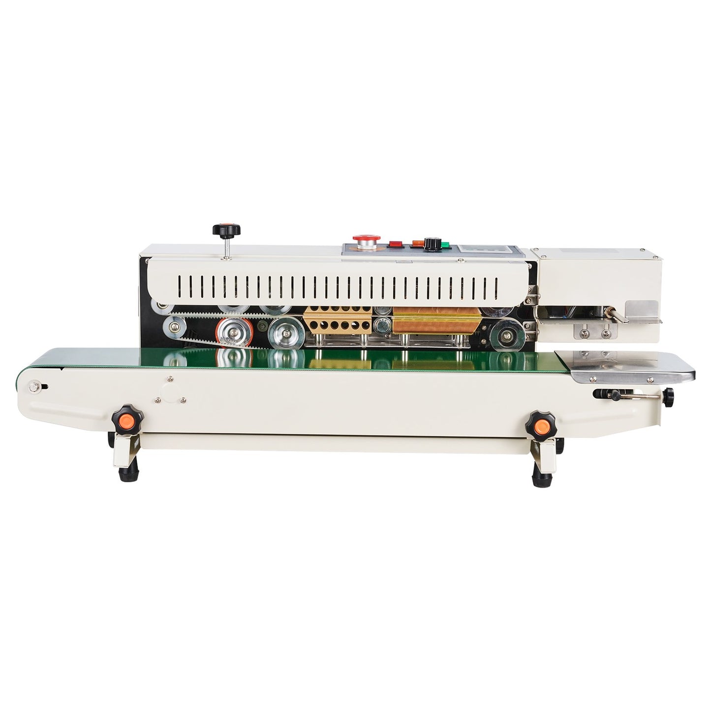 Durchlaufende Beutelbandschweißmaschine, 6–12 mm Schweißbreite, horizontale Bandschweißmaschine mit digitaler Temperaturregelung, Beutelverschließer für 0,02–0,8 mm dicke Plastikbeutel, Aufblasfunktion