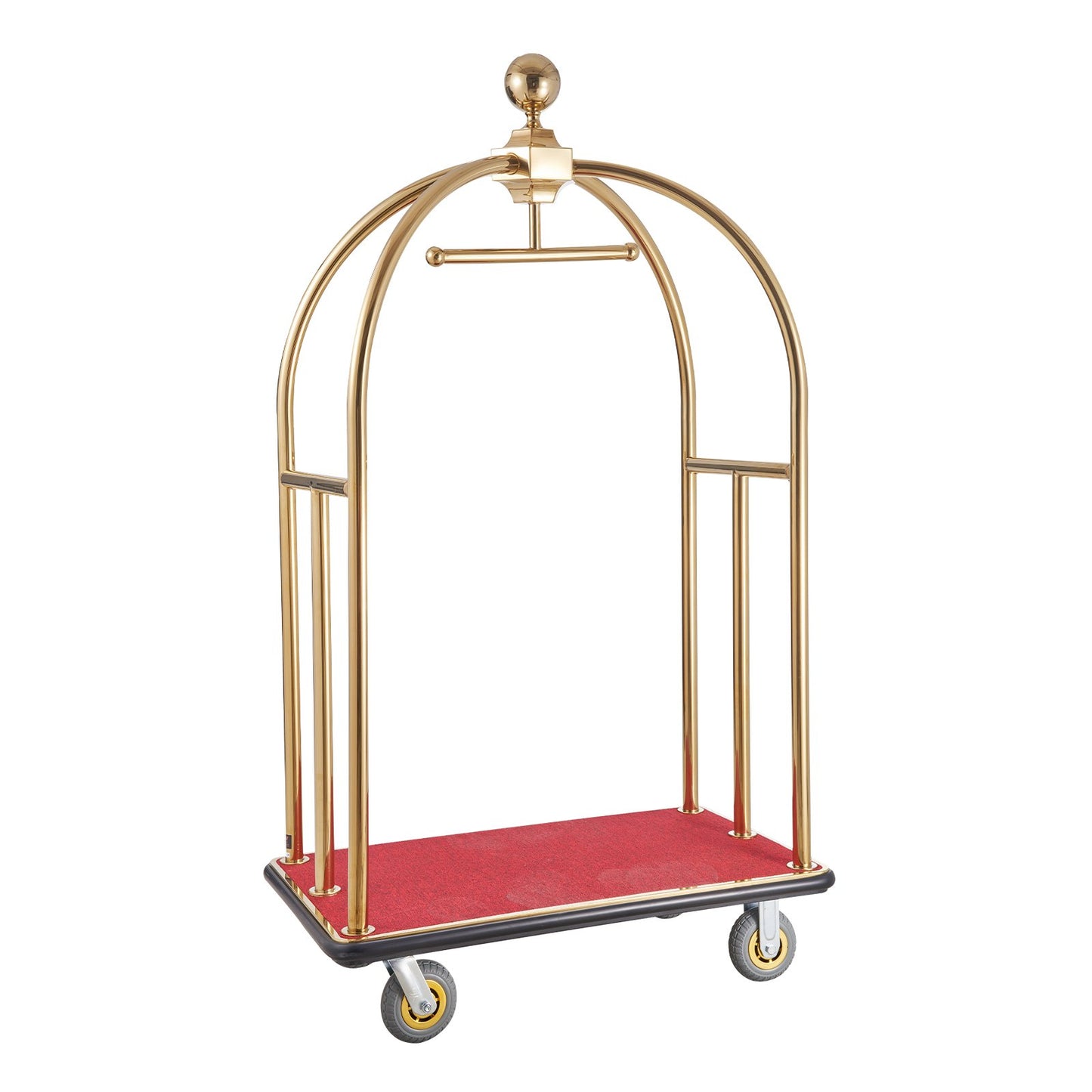 Hotel Luggage Cart, 1100 LBS Load Capacity, Brushed Stainless Steel Bellman's Cart Curved Uprights, Valet Cart with Red Carpeted Deck and 6-inch Rubber Wheels, Ideal for Hotels, Condos, Resorts