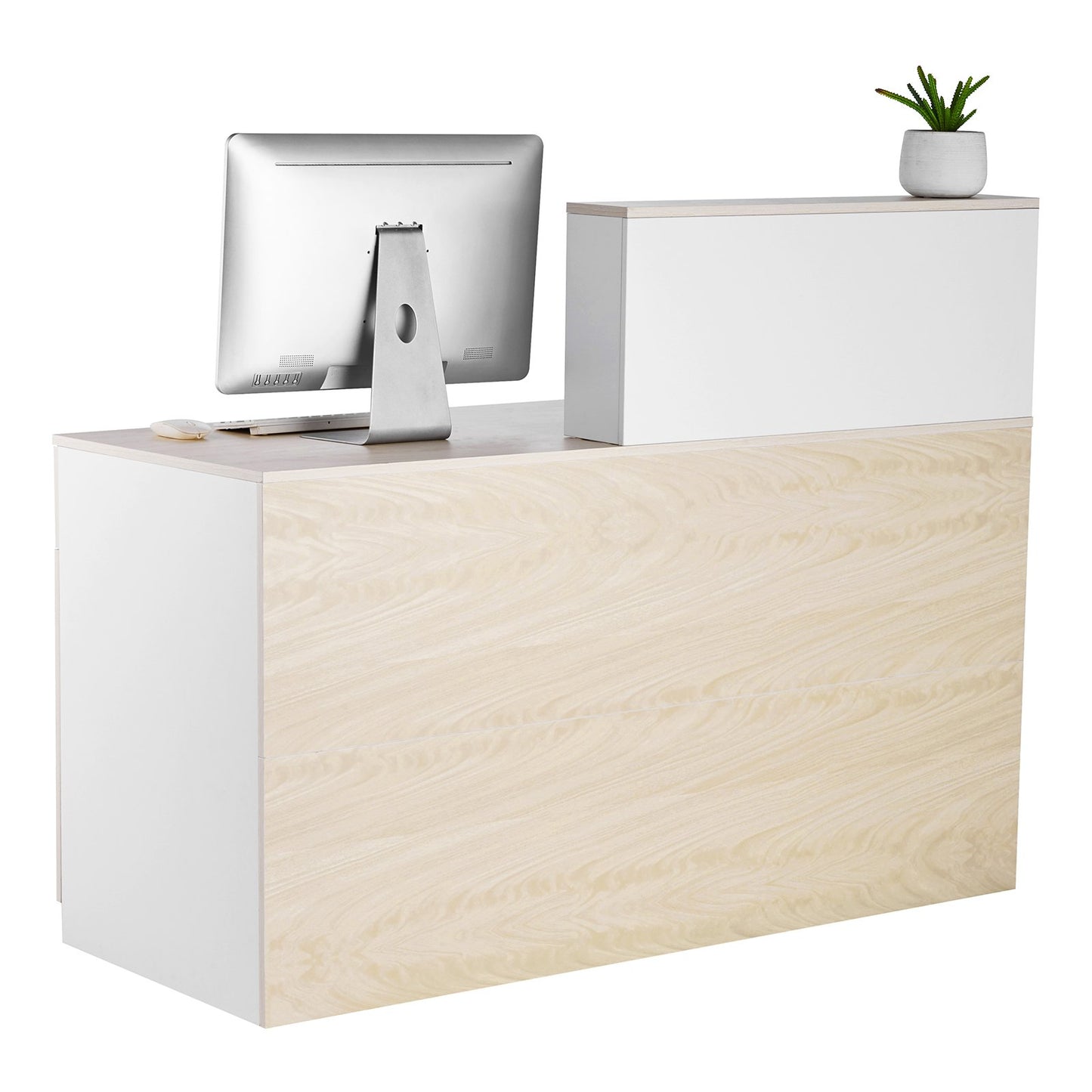 Reception Desk, 55.12 x 23.62 x 43.31 in Rectangular Front Counter Table, Office Reception Counter with Lockable Drawer and Storage Cabinet, for Checkout, Lobby, Beauty Salon and Office, Wood